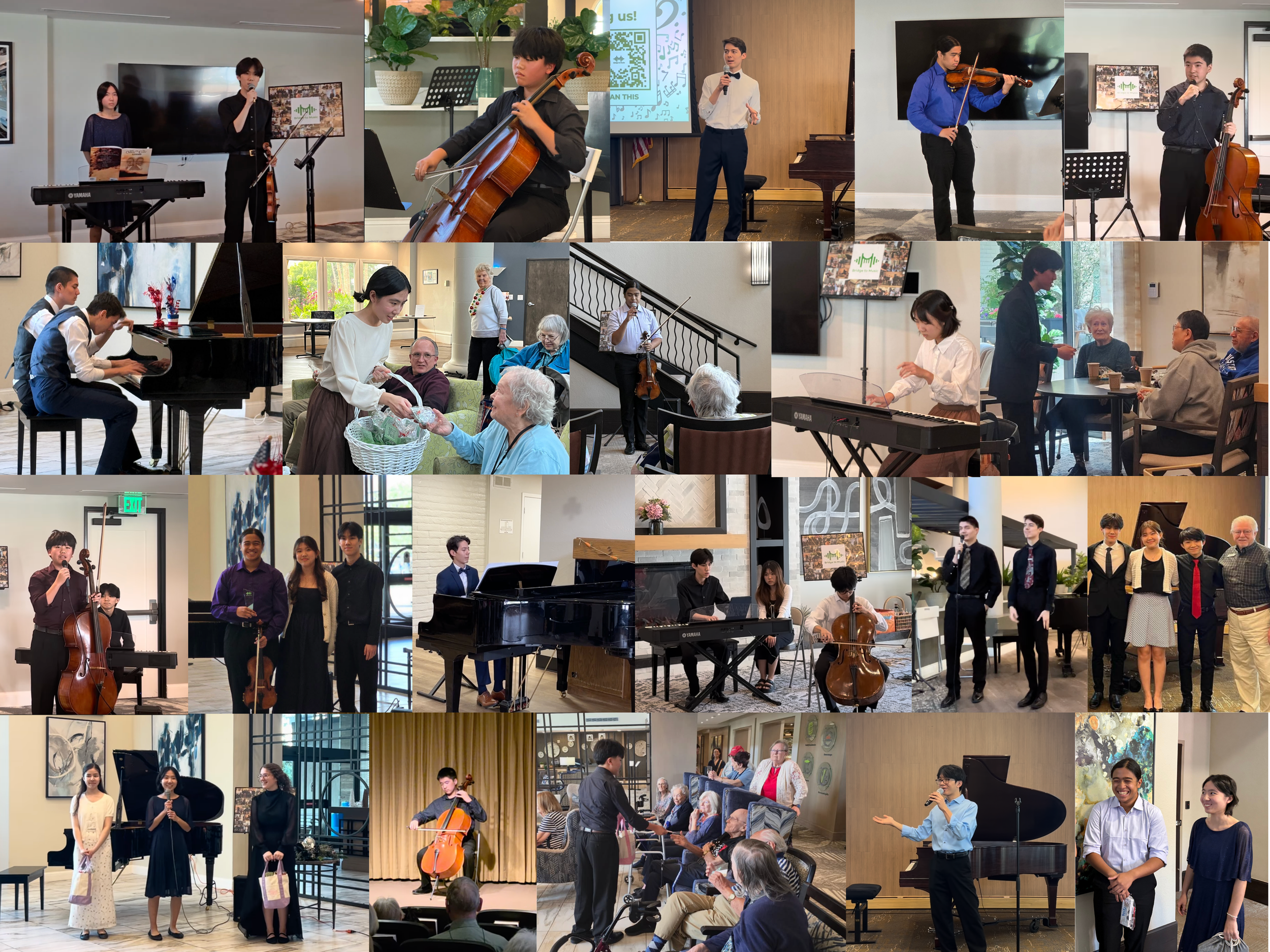 Collage of people performing music and giving speeches, including violinists, cellists, pianists, speakers, and audience members in various settings.