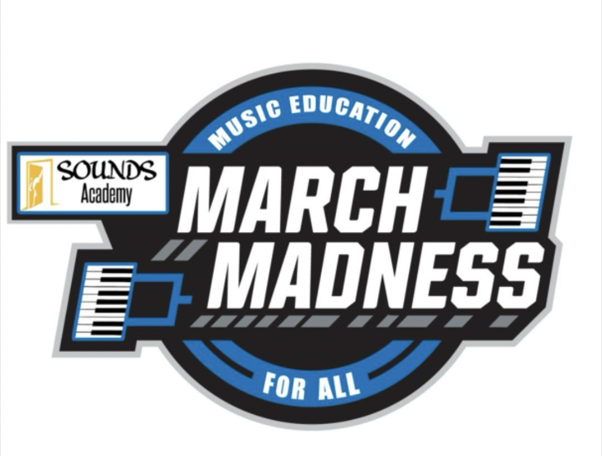 Logo for March Madness organized by Sounds Academy, promoting music education for all, featuring keyboard graphics and a circular design with blue, black, and white colors.