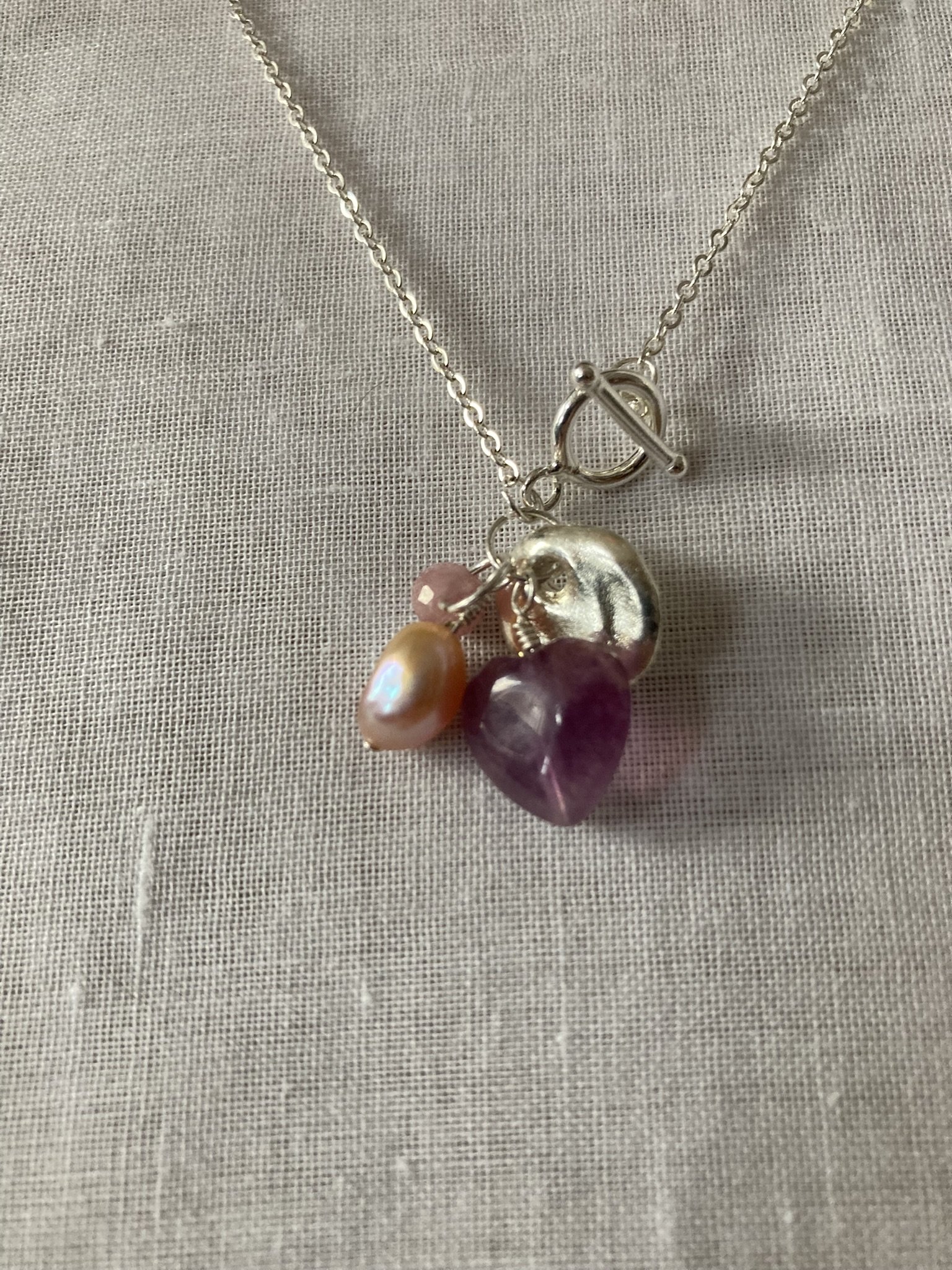 Pink Freshwater Pearl, Fluorite, and Tourmaline Silver Charm Toggle-front Necklace