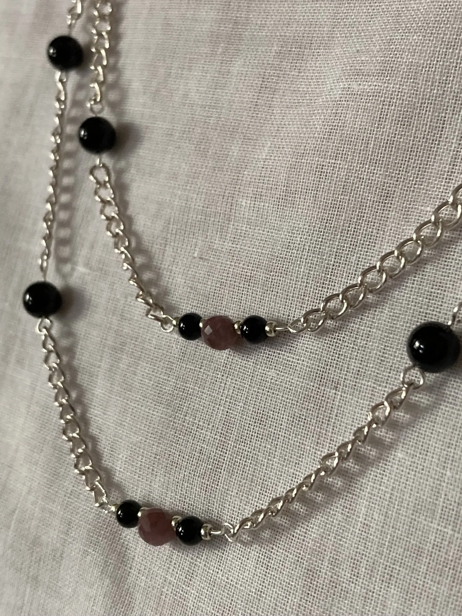 Pink Tourmaline and Onyx Double Strand Silver Necklace