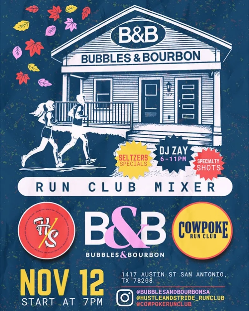 🏃&zwj;♀️💨 Lace up and join us for the Run Club Mixer at Bubbles &amp; Bourbon! 🥂

We&rsquo;re teaming up with Hustle &amp; Stride Run Club and Cowpoke Run Club for a night of fun, fitness, and post-run vibes!
🍹 Seltzer specials
🥃 Specialty shots