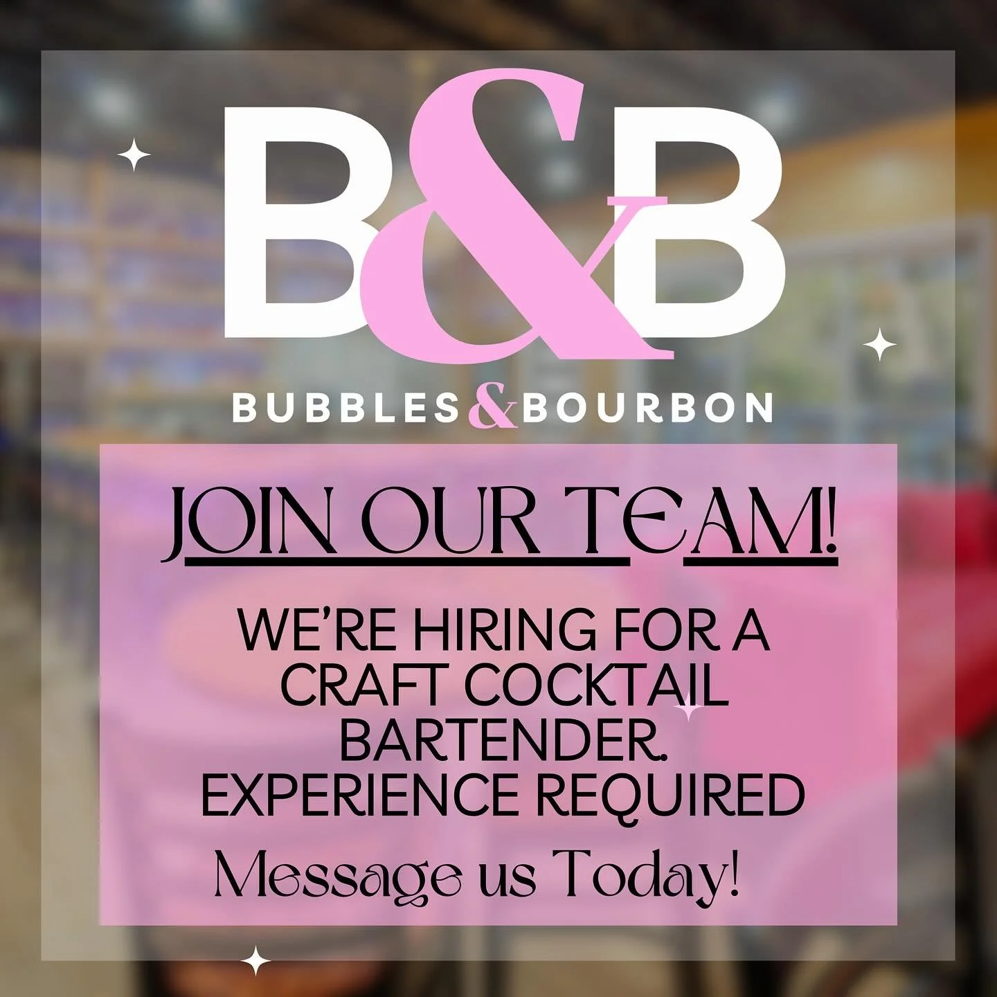 JOIN OUR TEAM! ✨
We&rsquo;re looking for experienced craft bartenders 
DM us to apply today! #bubblesandBourbon