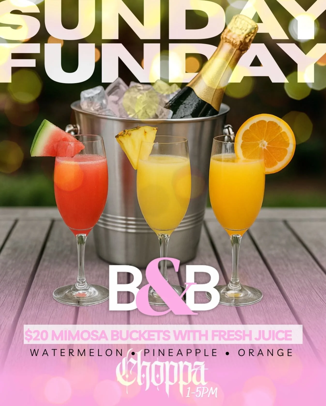 Sunday Sparkle at Bubbles &amp; Bourbon

Sundays were made for mimosas, sunshine, and good vibes at B&amp;B. 🥂🌸
Grab your crew and enjoy our $20 Mimosa Buckets with your choice of FRESH juices &mdash; watermelon, pineapple, or orange served with a 