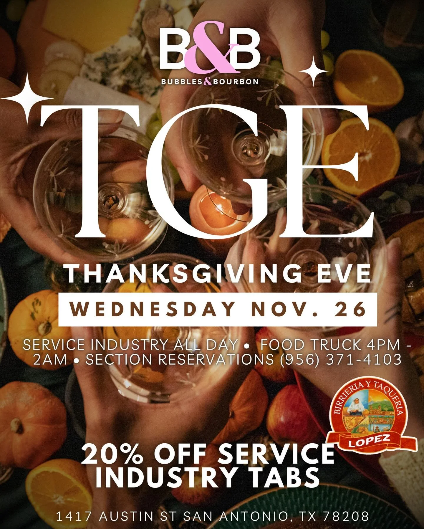 ✨ TGE at Bubbles &amp; Bourbon ✨
The biggest night of the year to go out is HERE &mdash; and we&rsquo;re celebrating in pure luxury. 💋🥂

Join us this Wednesday, Nov. 26 for Thanksgiving Eve at B&amp;B, where the vibes are upscale, the bubbles are f