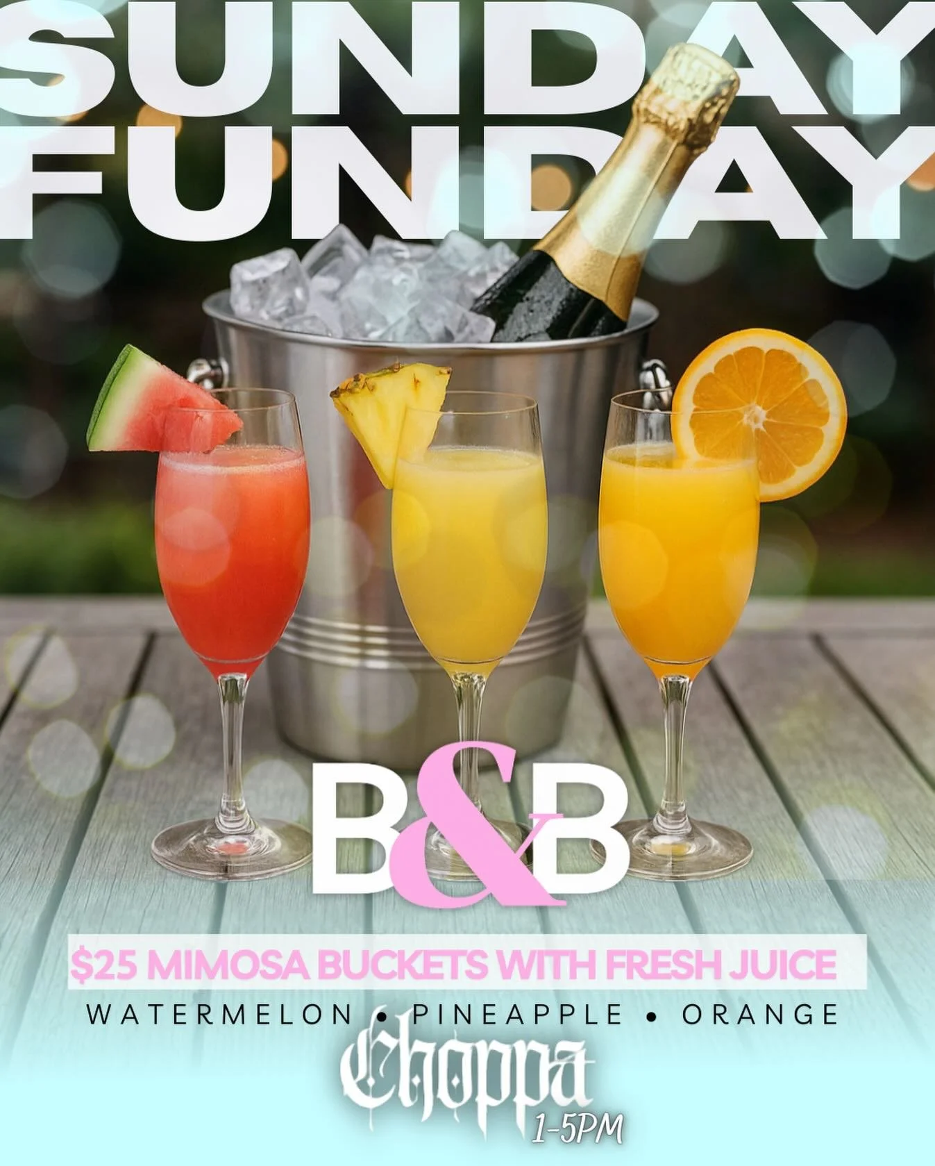 ✨ Sunday Funday at Bubbles &amp; Bourbon ✨

Today and every Sunday, we&rsquo;re popping bottles and turning up the vibes 🥂🎶

🍾 $25 Mimosa Buckets with fresh juice
🍉 Watermelon 🍍 Pineapple or 🍊 Orange

🎧 DJ Choppa spinning from 1&ndash;5PM

Gra