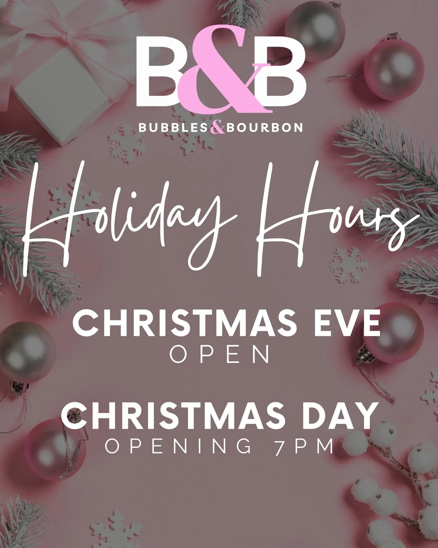 Holiday Hours at Bubbles &amp; Bourbon ✨🥂

We&rsquo;re keeping things festive and fabulous this holiday season 💕
Join us for sparkling cocktails and cozy vibes at Bubbles &amp; Bourbon.

🎄 Christmas Eve: OPEN
🎁 Christmas Day: Opening at 7PM

Pop 