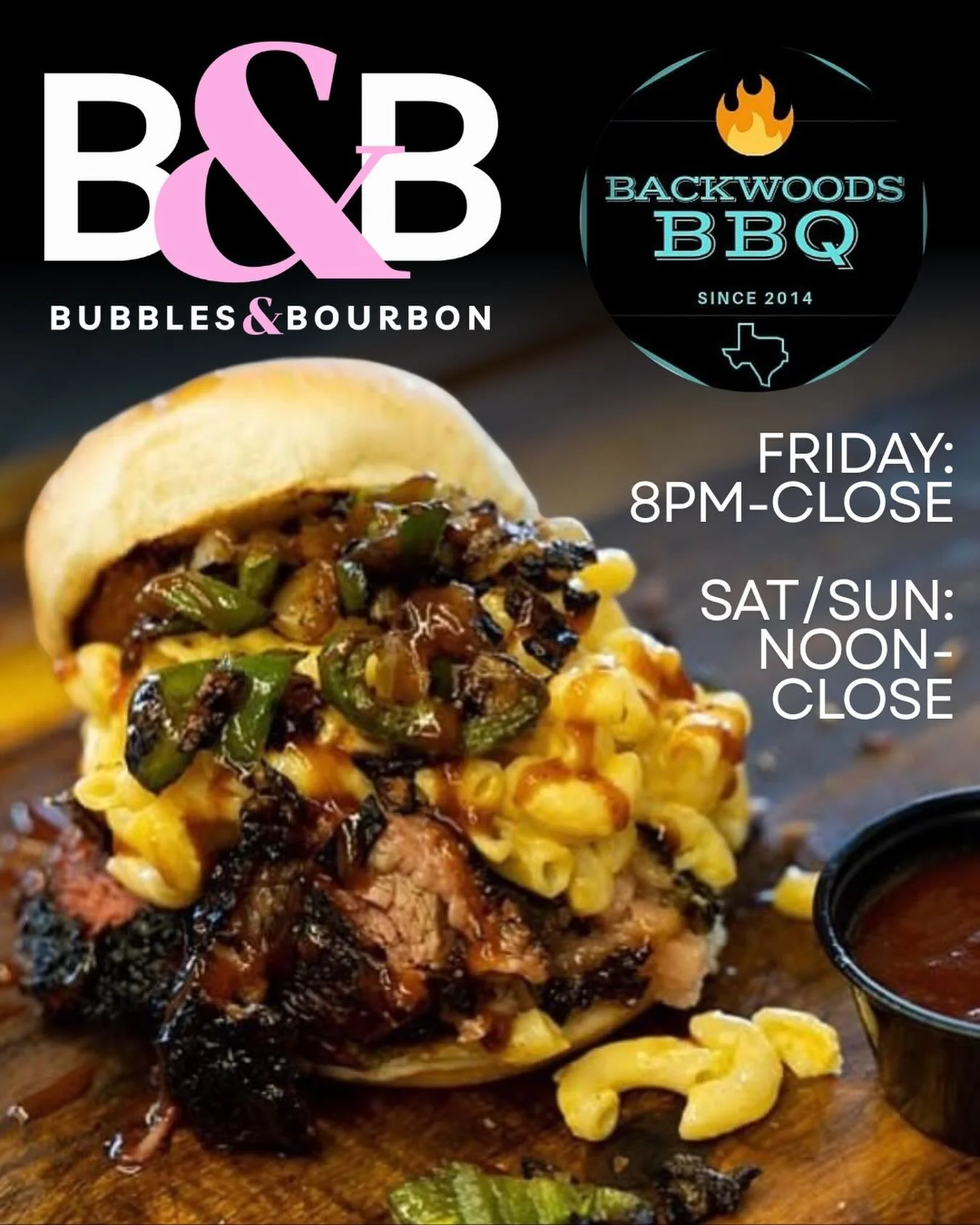 🔥 BACKWOODS BBQ AT BUBBLES &amp; BOURBON 🔥

We&rsquo;re excited to welcome the Backwoods BBQ food truck to Bubbles &amp; Bourbon for the very first time this weekend! Serving up smoky meats, cheesy comfort food, and bold flavors you don&rsquo;t wan