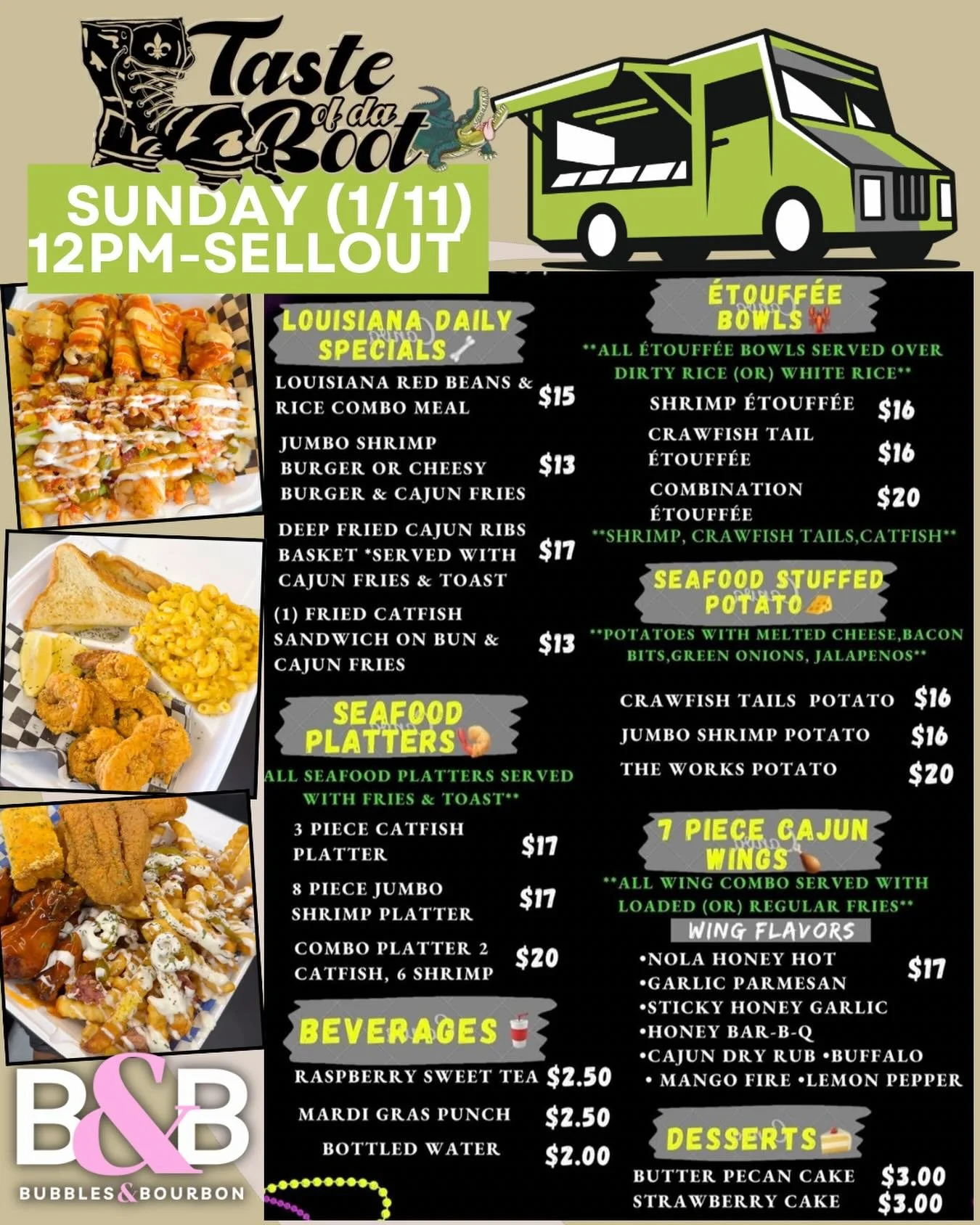 🍽️🔥 TOMORROW AT BUBBLES &amp; BOURBON 🔥🍽️

@tasteofdabootsa is pulling up with all your Louisiana favorites 🤤
🕛 12PM until SELL-OUT

From &eacute;touff&eacute;e bowls and seafood platters to Cajun wings and stuffed potatoes &mdash; this menu go