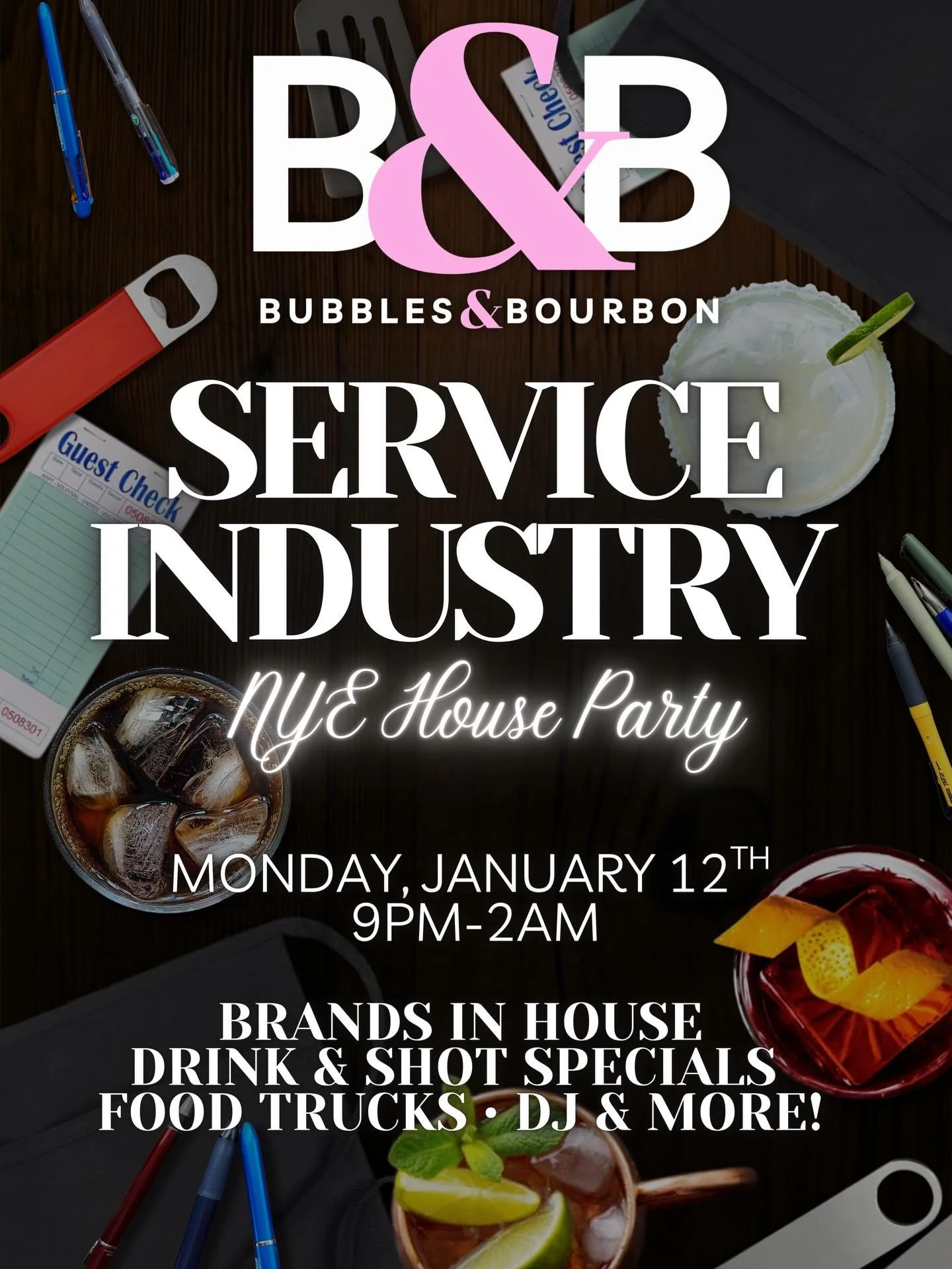 Service industry &mdash; this one&rsquo;s for you. We&rsquo;re throwing a Service Industry NYE House Party at Bubbles &amp; Bourbon and you&rsquo;re officially invited.

⏰ 9PM&ndash;2AM
🍸 Drink &amp; shot specials
🥃 Brands in the house
🍔 Food truc