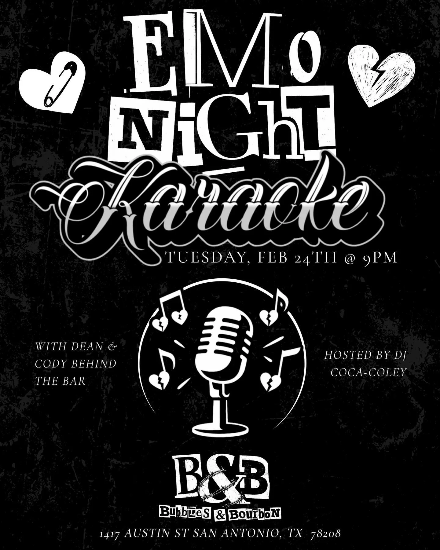 🖤🎤 EMO NIGHT KARAOKE 🎤🖤
at Bubbles &amp; Bourbon

It&rsquo;s not a phase&hellip; it&rsquo;s a Tuesday.

Join us Tuesday, Feb 24th at 9PM for a night of all your favorite emo anthems, heartbreak hits, and scream-it-at-the-top-of-your-lungs classic