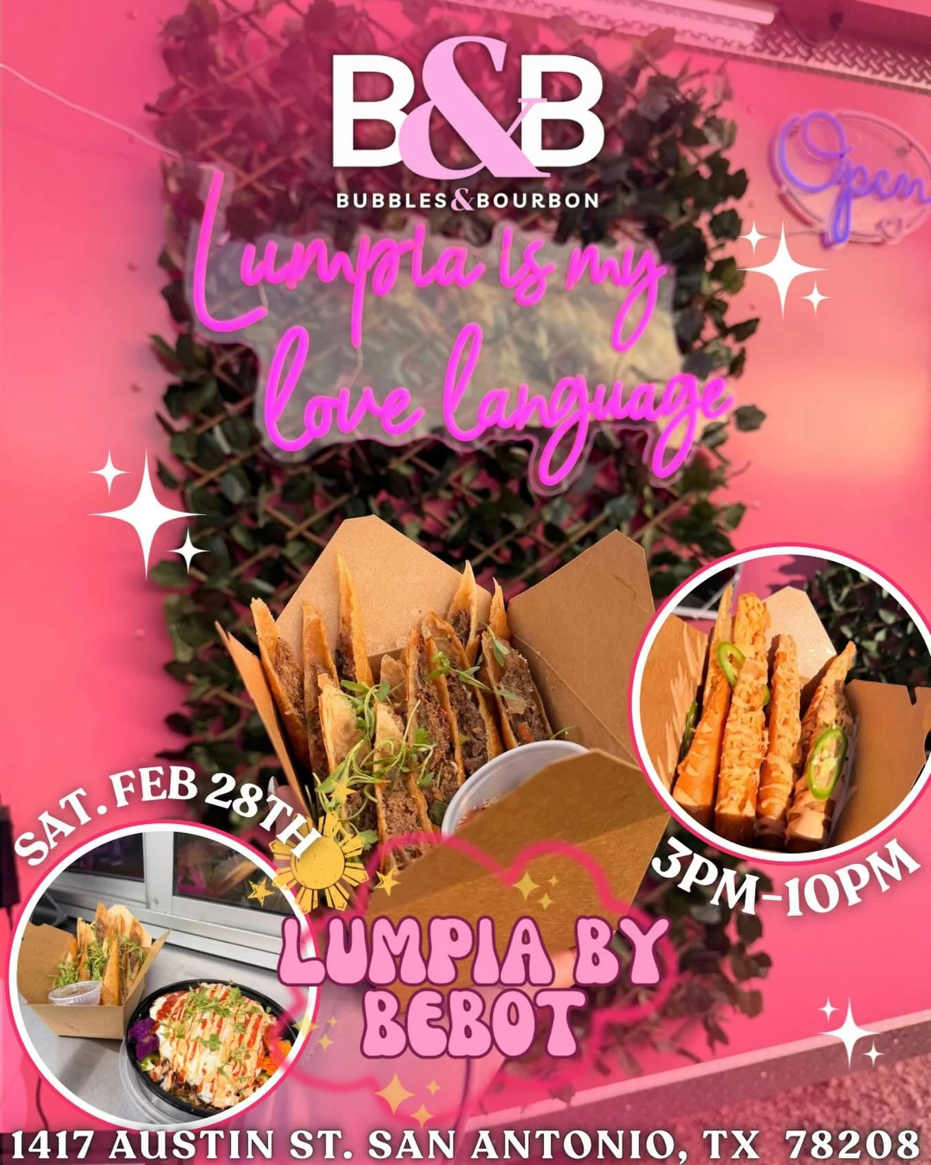 Lumpia is our love language 💕🥢

This Saturday, we&rsquo;re bringing the flavor to Bubbles &amp; Bourbon with Lumpia by Bebot popping up from 3PM&ndash;10PM!

Golden, crispy, spicy&hellip; basically everything your weekend deserves. Pair it with you