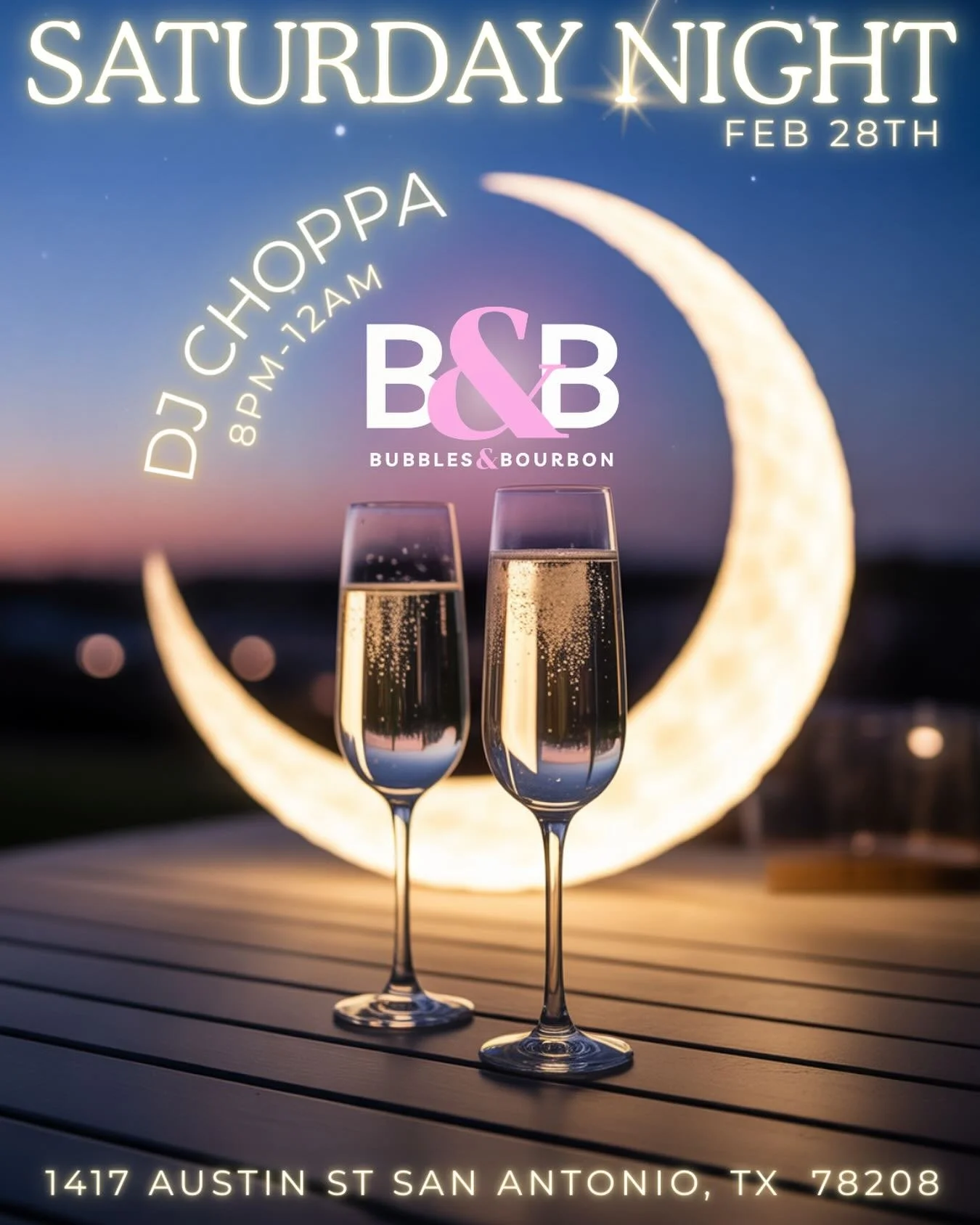🌙✨ SATURDAY NIGHT AT BUBBLES &amp; BOURBON ✨🌙

Tomorrow night we&rsquo;re popping bottles under the stars 🥂

Join us for DJ Choppa from 8PM&ndash;12AM and sip something sparkling while the vibes stay high and the pours stay flowing.

Champagne, co
