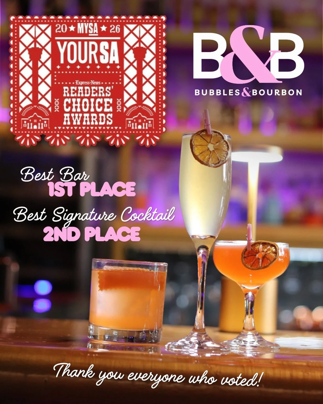 We&rsquo;re feeling extra grateful today 💖✨

Honored to be named:
🥇 Best Bar &ndash; 1st Place
🥈 Best Signature Cocktail &ndash; 2nd Place

San Antonio, thank you for showing us so much love. Every vote, every visit, every cocktail shared with us 