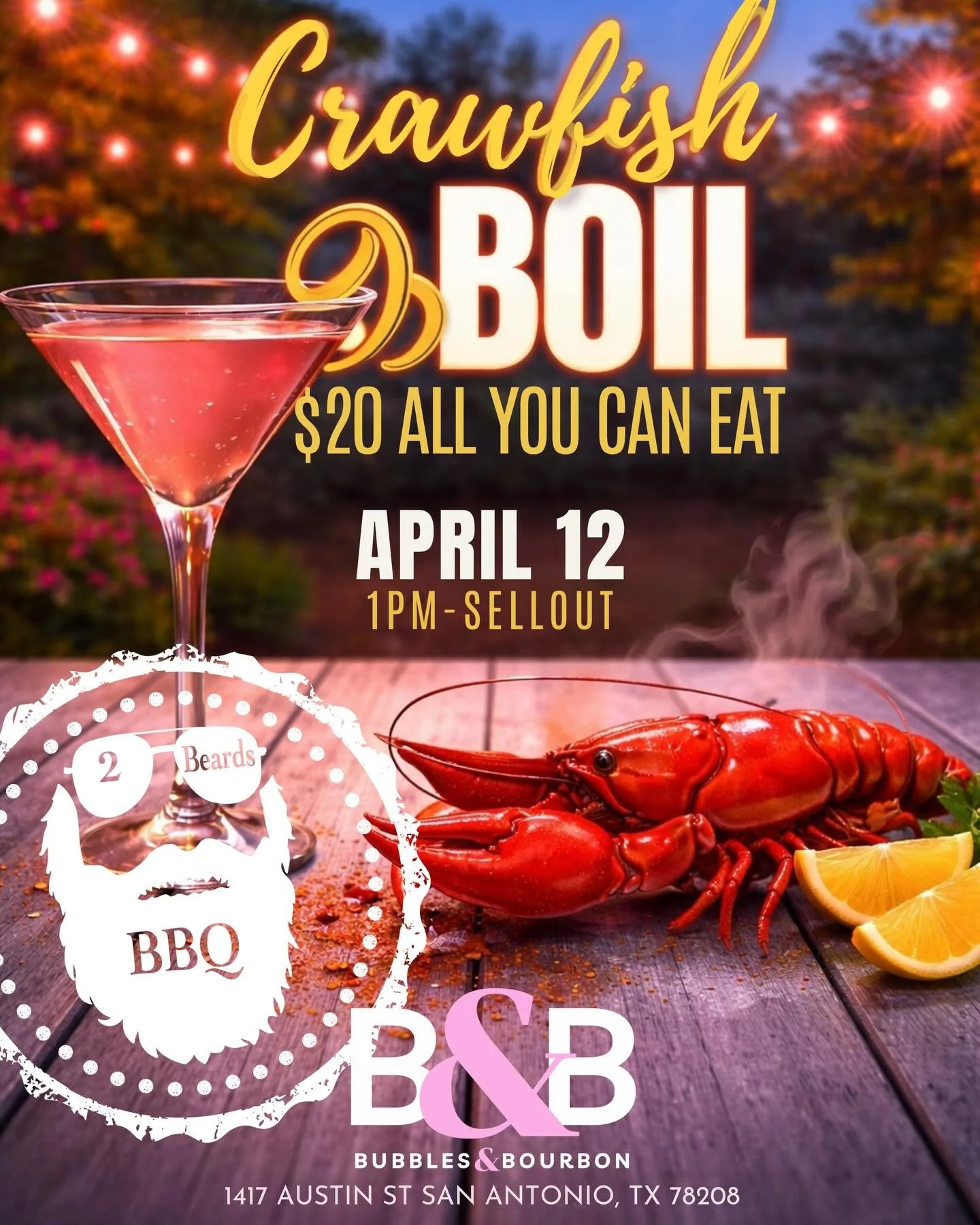 Next Sunday = crawfish, cocktails, and a whole lotta flavor 🦞🔥

Join us at Bubbles &amp; Bourbon for a Crawfish Boil hosted by 2 Beards BBQ

💥 $20 All You Can Eat
📅 April 12th
⏰ 1PM &ndash; sellout

Cold drinks in hand, crawfish on deck, and pati