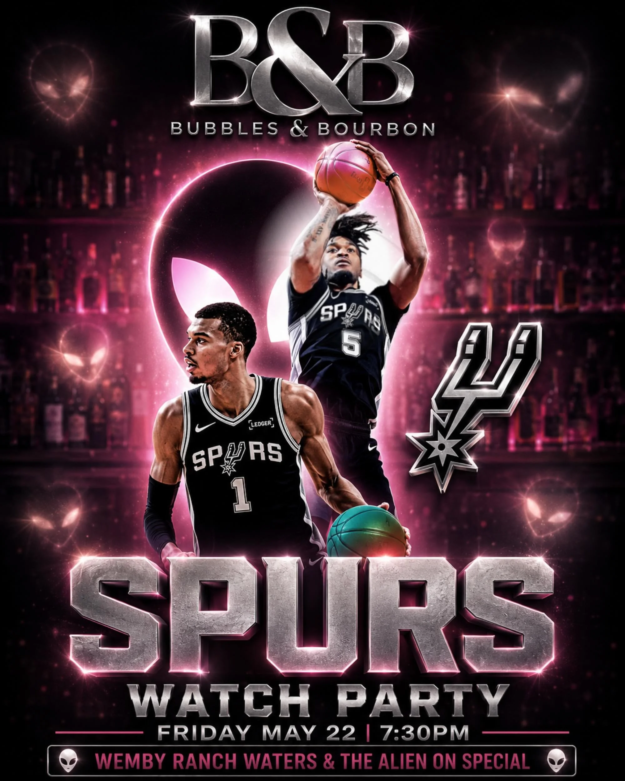 🚨 SPURS WATCH PARTY 🚨
Game 3 Round 3 here at Bubbles &amp; Bourbon 

The pink lights are ON and the drinks are flowing at Bubbles &amp; Bourbon 🛸✨

Catch the Spurs with us this Friday, May 22 at 7:30PM 🖤
🍹 Wemby Ranch Waters on special
👽 &ldquo