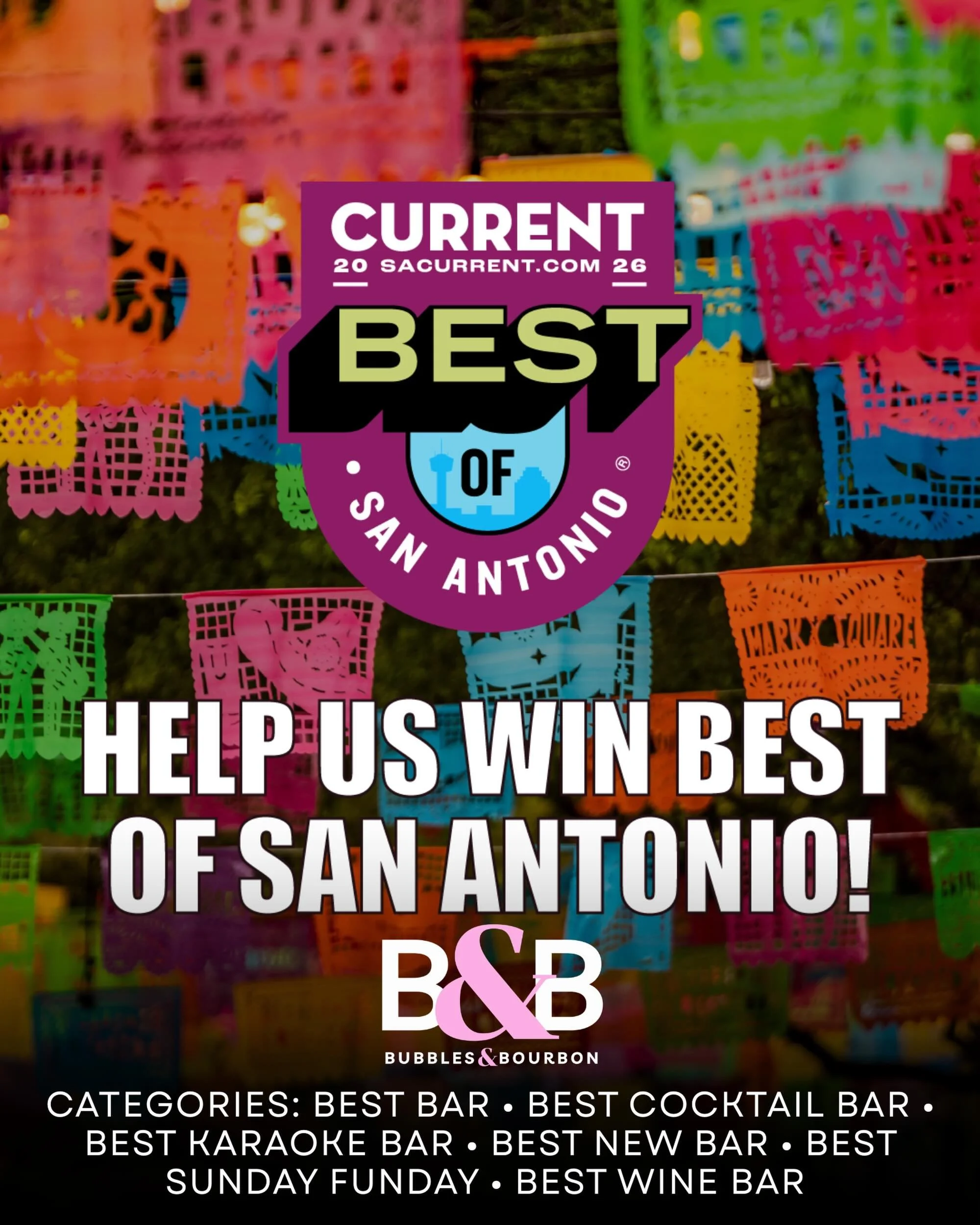 🏆 San Antonio, y&rsquo;all have shown us SO much love&hellip; now we need your vote! 🥂✨

Bubbles &amp; Bourbon has been nominated for:
🍸 Best Bar
🍹 Best Cocktail Bar
🎤 Best Karaoke Bar
🆕 Best New Bar
☀️ Best Sunday Funday
🍷 Best Wine Bar

If w