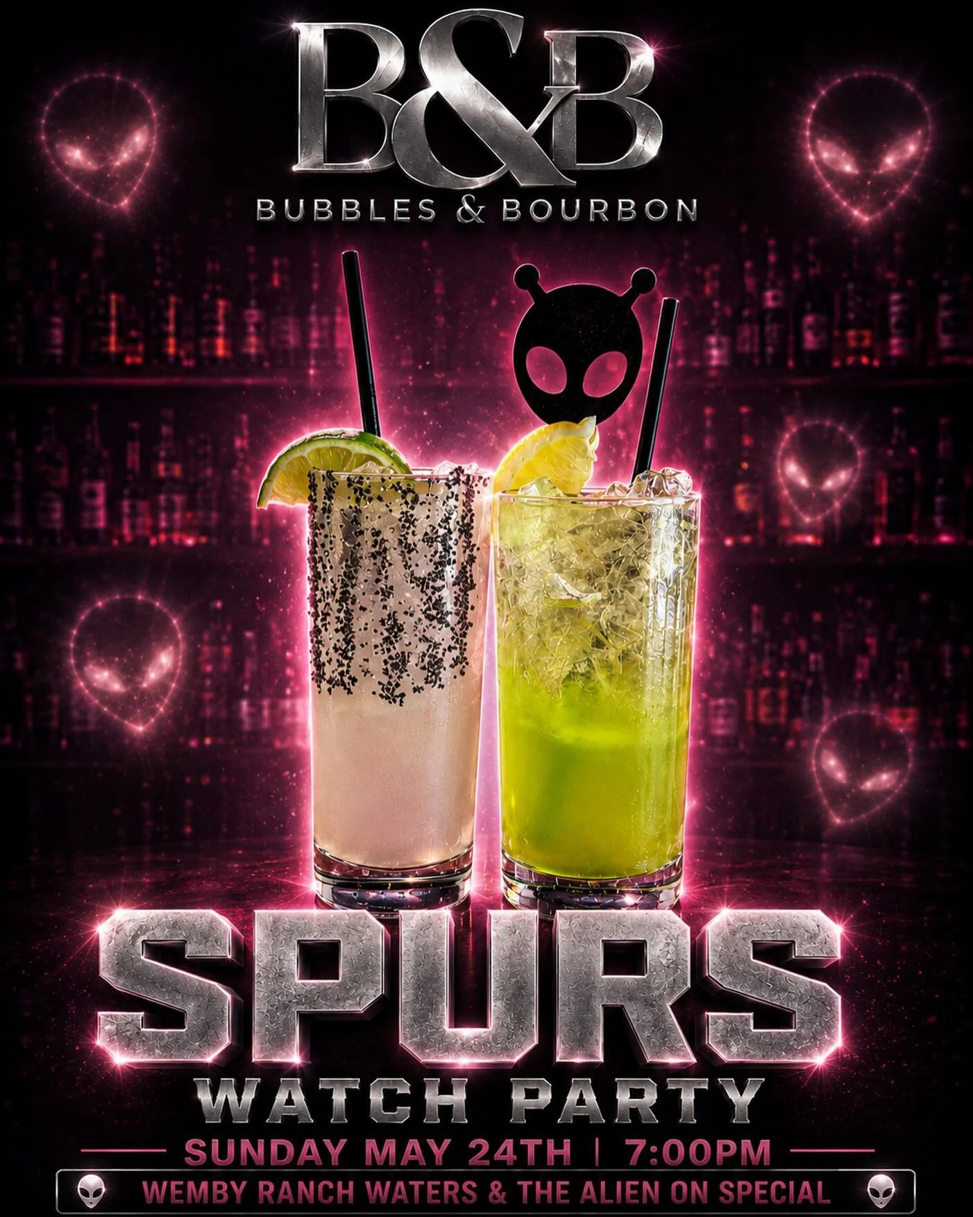 🏀👽 SPURS WATCH PARTY TONIGHT AT BUBBLES &amp; BOURBON 👽🏀

Catch the game with us tonight at 7PM and cheer on the Spurs in true B&amp;B style ✨🍸

We&rsquo;ll have:
👽 Wemby Ranch Waters on special
👽 The Alien cocktails flowing
✨ Big screens + al