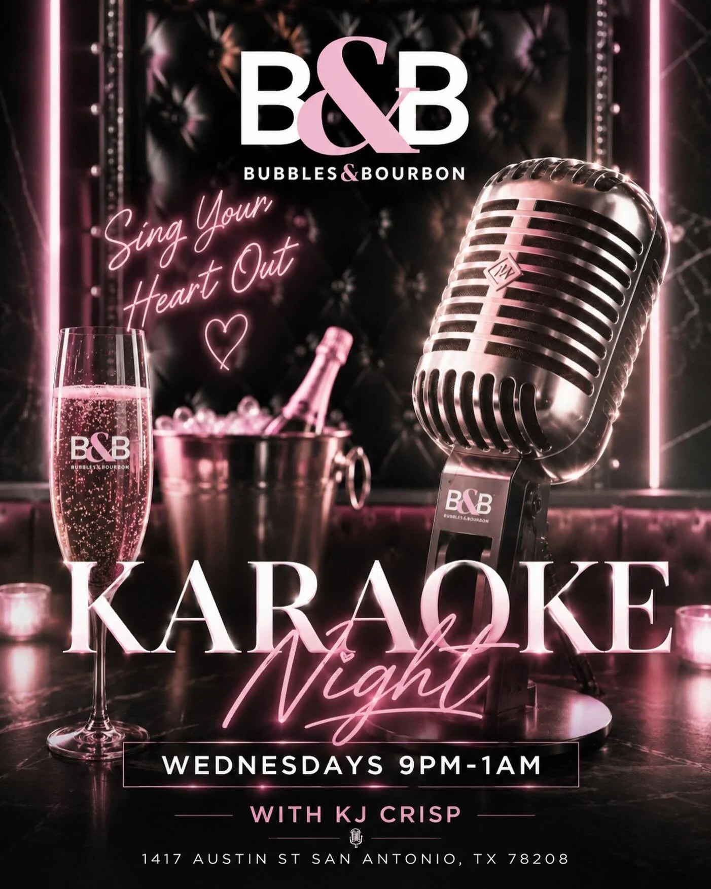 🎤✨Karaoke Night at Bubbles &amp; Bourbon is where the stage is yours and the drinks are flowing.
Every Wednesday from 9PM&ndash;1AM &mdash; pull up, grab the mic, and give us your best.

Sing it, sip it, own it.

#KaraokeNight #BubblesAndBourbon #Sa