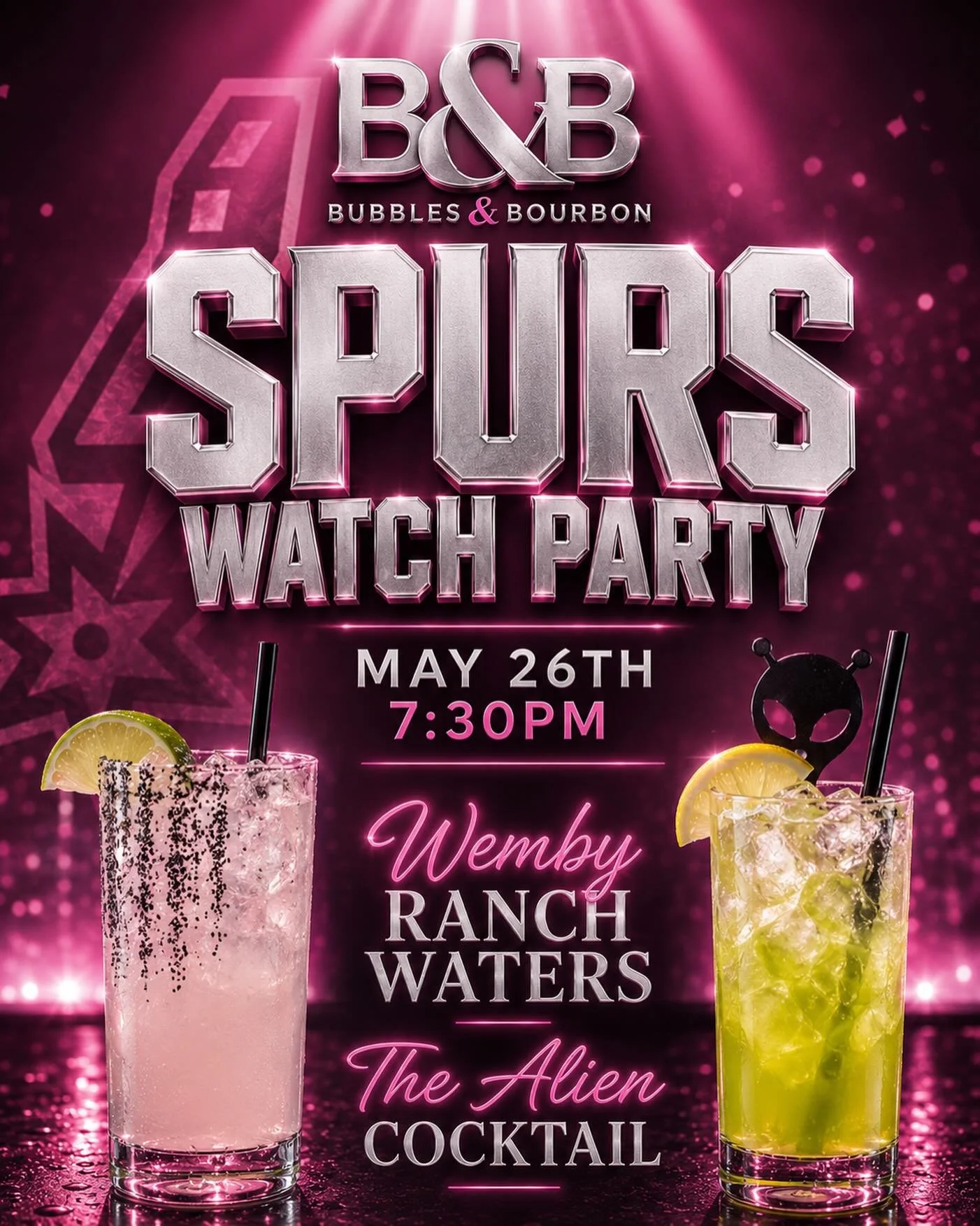 The Spurs are back tonight and Bubbles &amp; Bourbon is your watch party headquarters 🖤🏀✨

Catch all the action with our signature Spurs cocktails flowing all game long 🍸👽

💫 Wemby Ranch Water
👾 The Alien Cocktail

📍Bubbles &amp; Bourbon
🗓 Ma