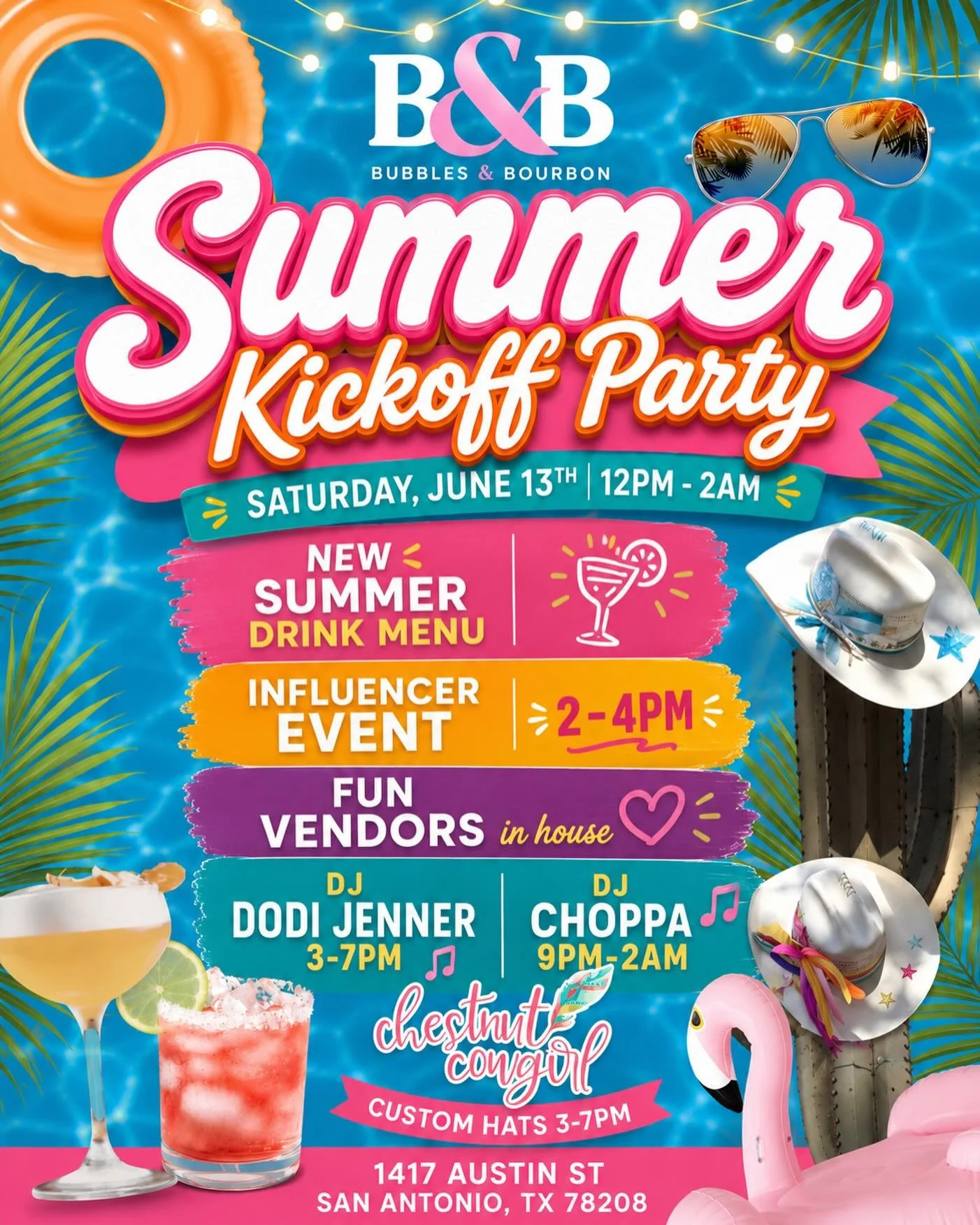 ☀️🍹 Summer starts HERE 🍹☀️

Join us Saturday, June 13th for our Summer Kickoff Party at Bubbles &amp; Bourbon 🌴✨

🍸 New Summer Drink Menu
💖 Influencer Event 2&ndash;4PM (influencers message to reserve) 
🛍 Fun Vendors In House
🎧 DJ Dodi Jenner 