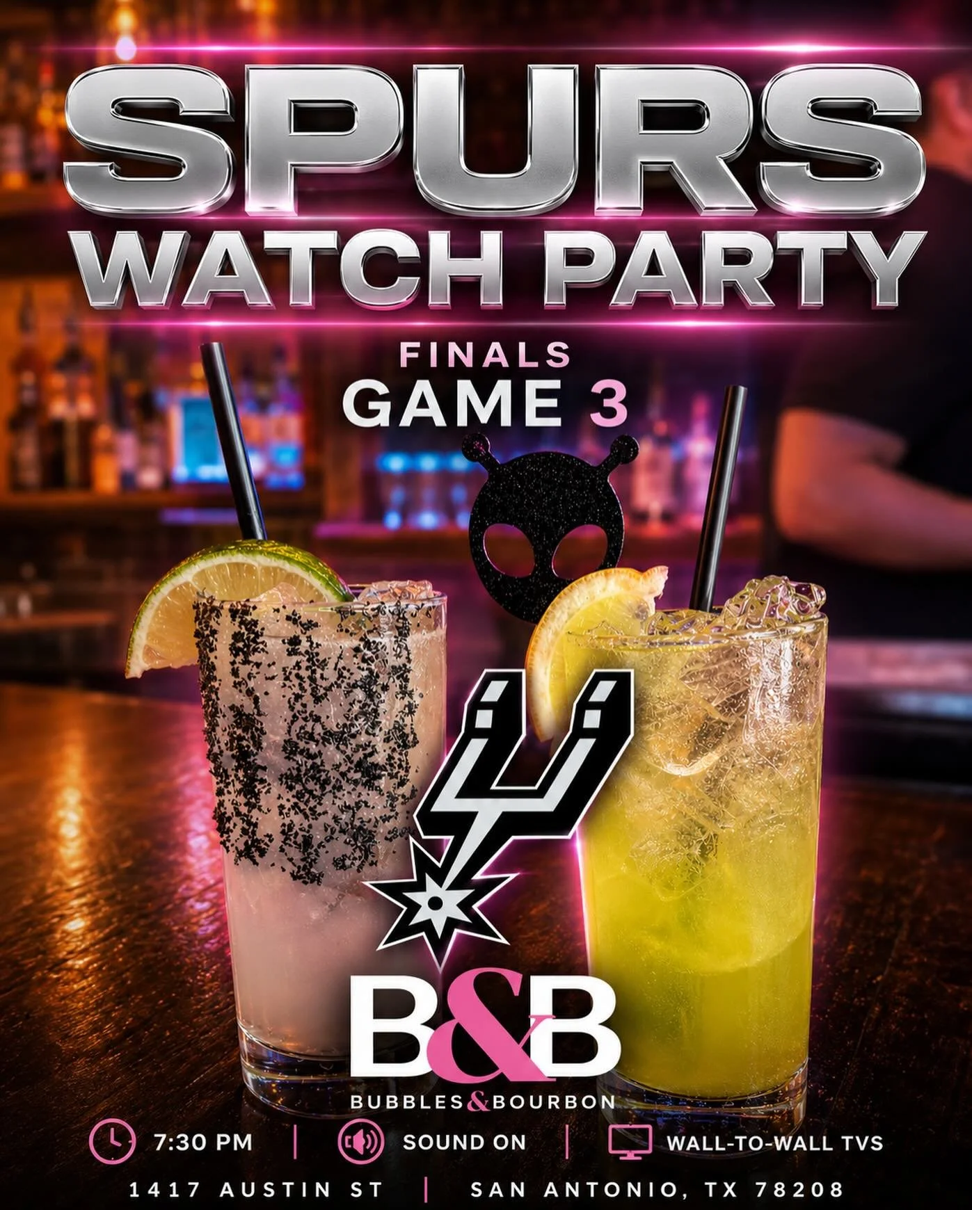 🏀 FINALS GAME 3 TONIGHT! 🏀

The drinks are cold, the TVs are on, and the energy is building.

Catch every big shot, every highlight, and every Finals moment with us at Bubbles &amp; Bourbon. 🍸✨

Sip on a Wemby Water or try The Alien while you chee