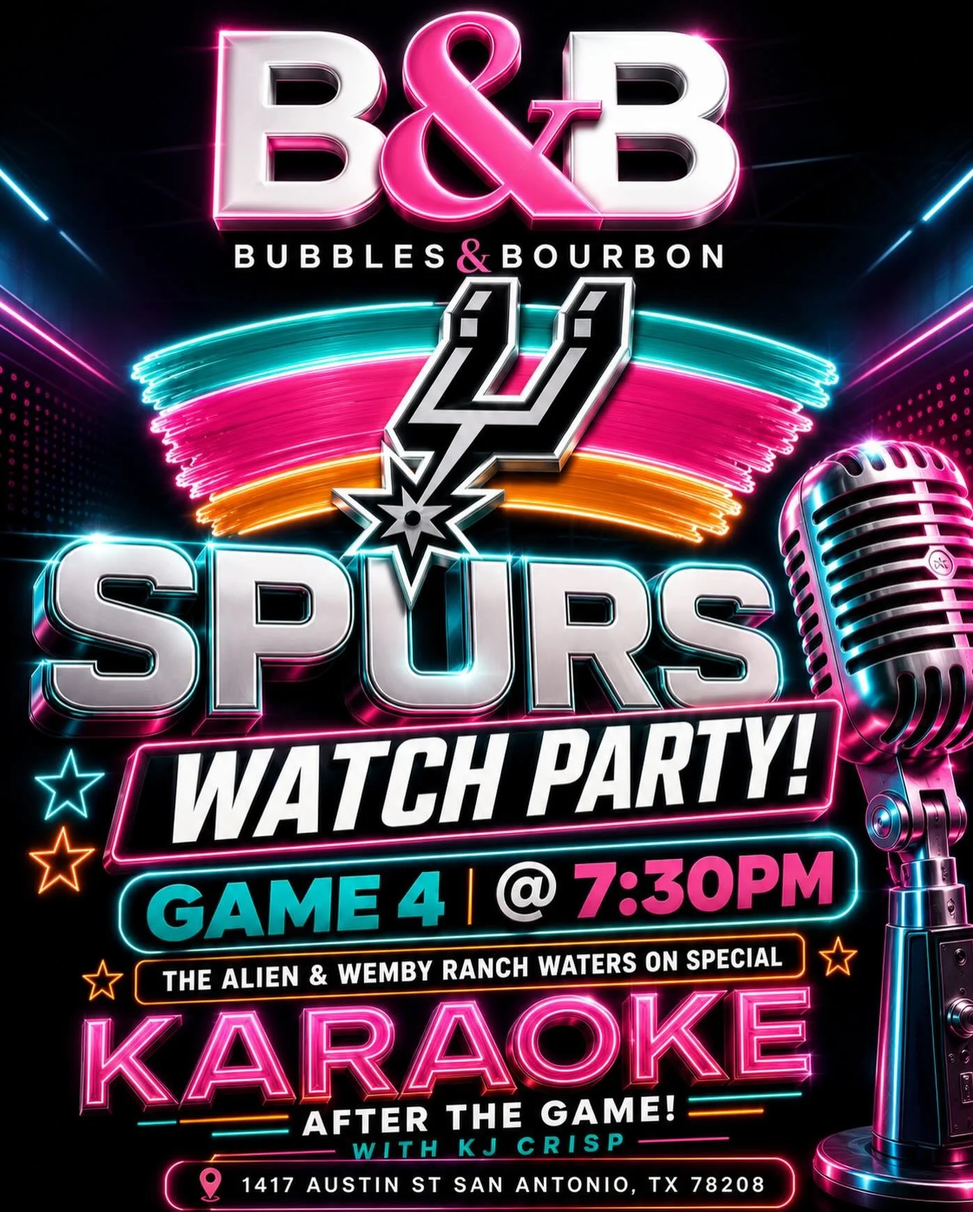 🏀 SPURS WATCH PARTY TONIGHT! 🏀

Game 4 tips off at 7:30PM and we&rsquo;re turning Bubbles &amp; Bourbon into Spurs HQ! Catch every second of the action with sound on, great drinks, and your fellow Spurs fans.

🍹 The Alien &amp; Wemby Ranch Waters 
