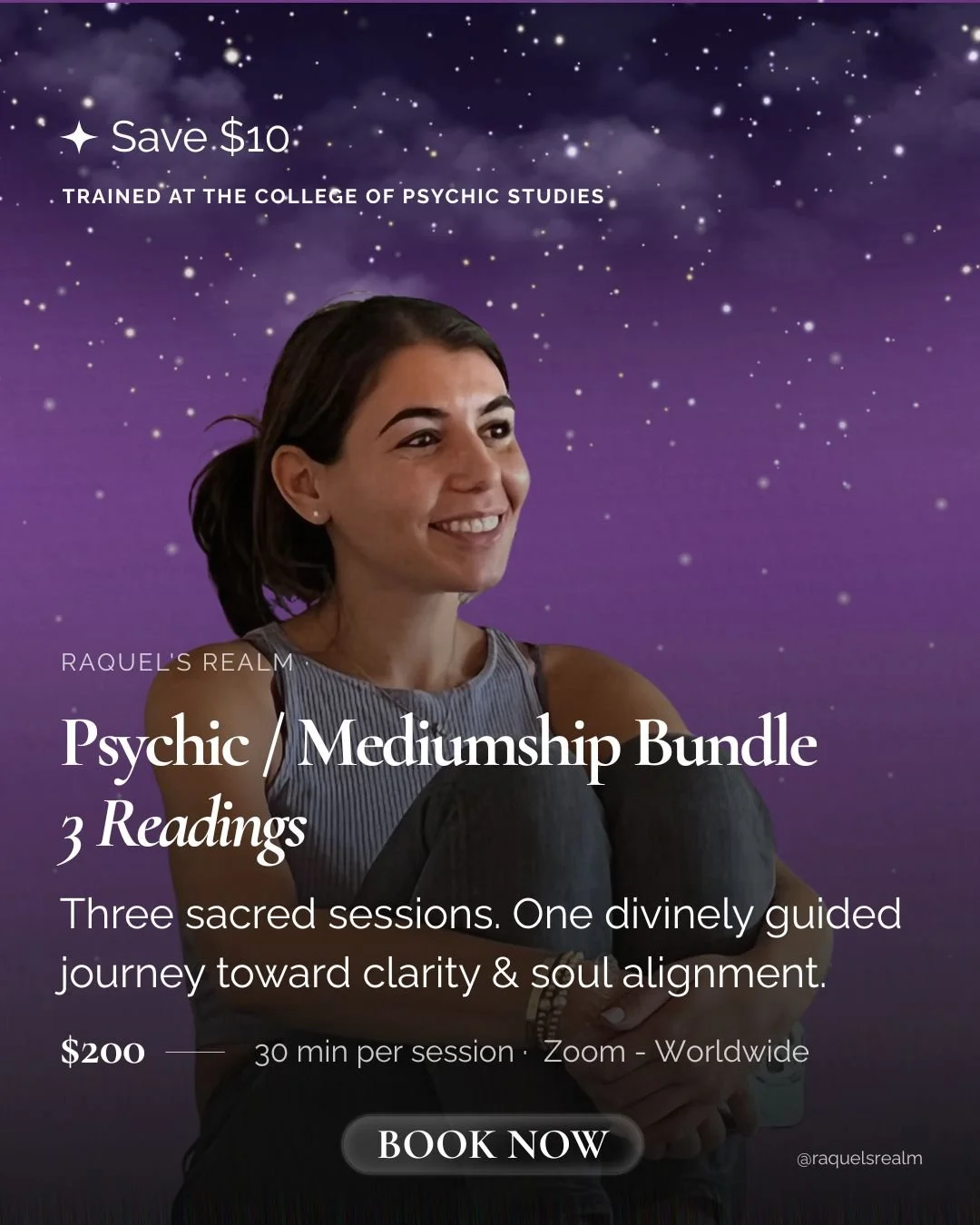 Promotional flyer for psychic and mediumship bundle sessions by Raquel's Realm, offering three sacred sessions for $200, each lasting 30 minutes via Zoom, worldwide.
