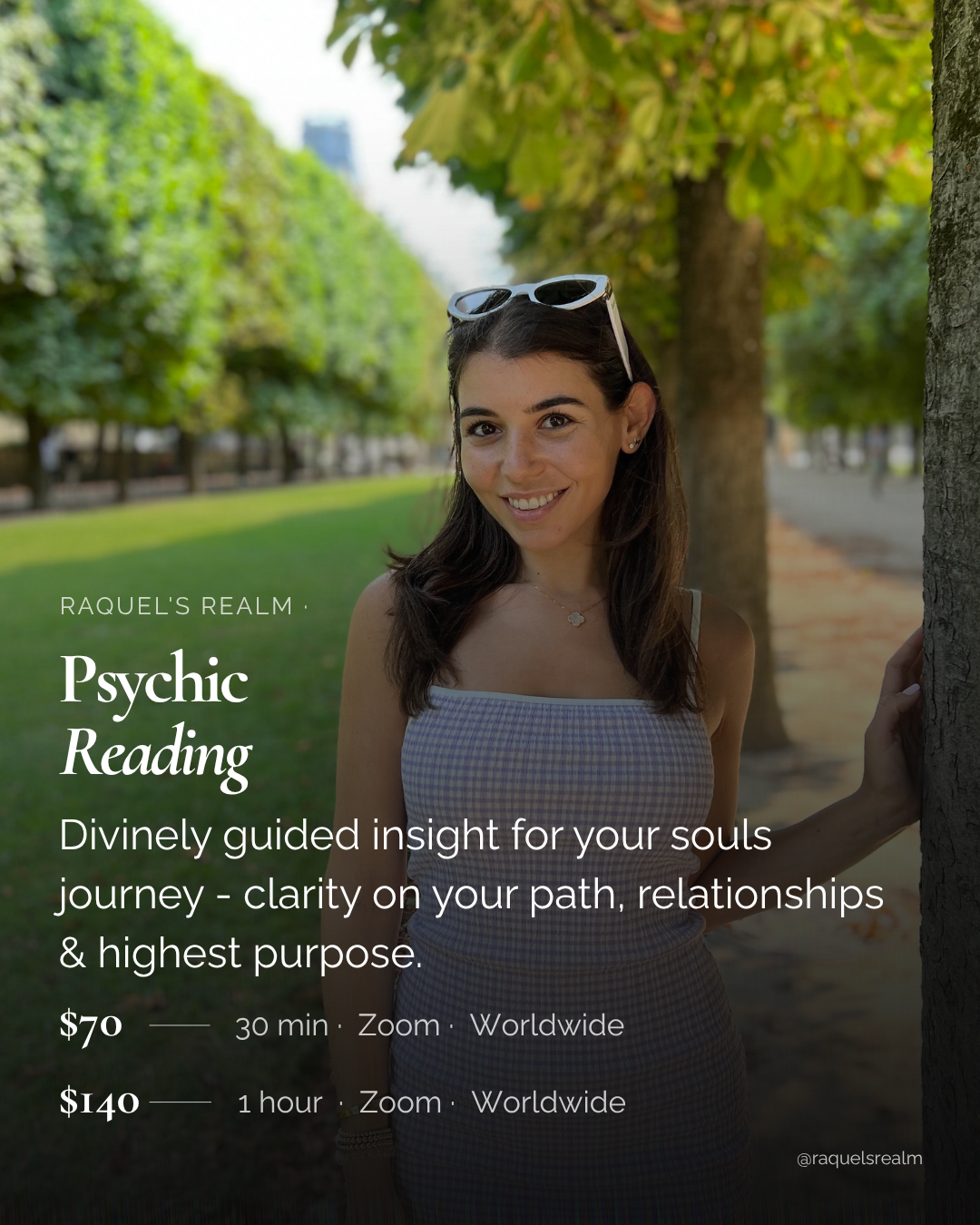 A young woman promoting psychic readings using her intuitive psychic abilities, showing prices and booking details.