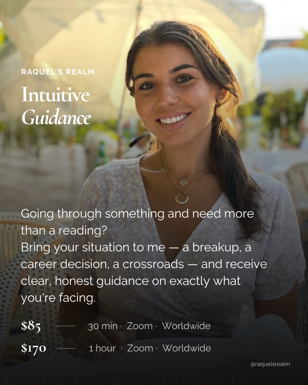 A smiling woman advertising intuitive guidance sessions for personal situations, love, work and relationships via Zoom.