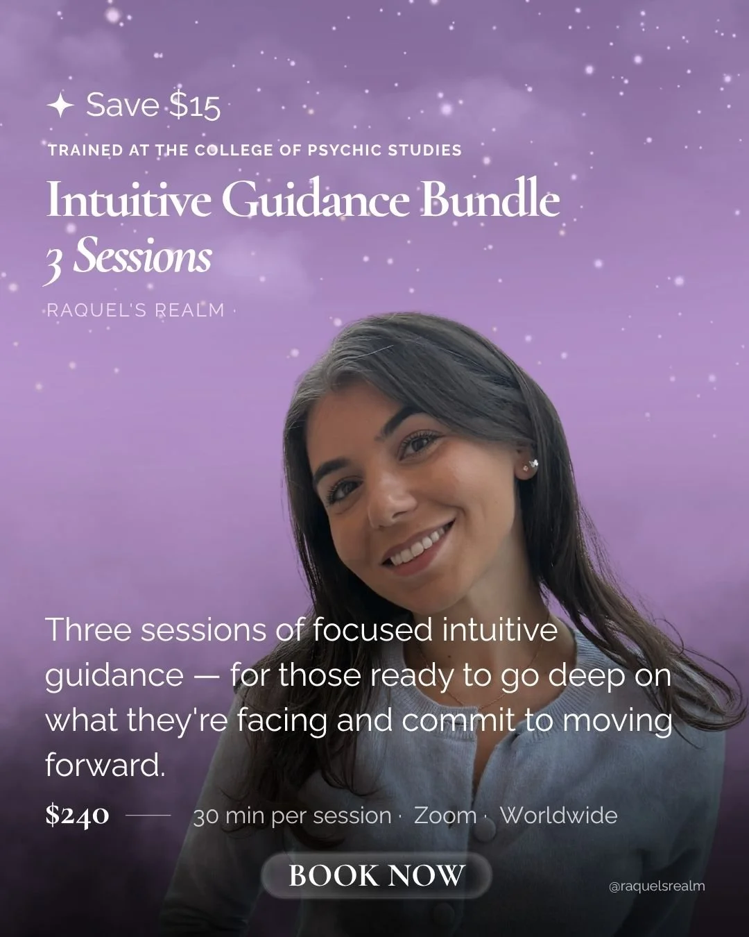 Advertisement for an intuitive guidance bundle offered by Raquel's Realm, featuring three zoom sessions for $240, aimed at helping individuals face their challenges and move forward.