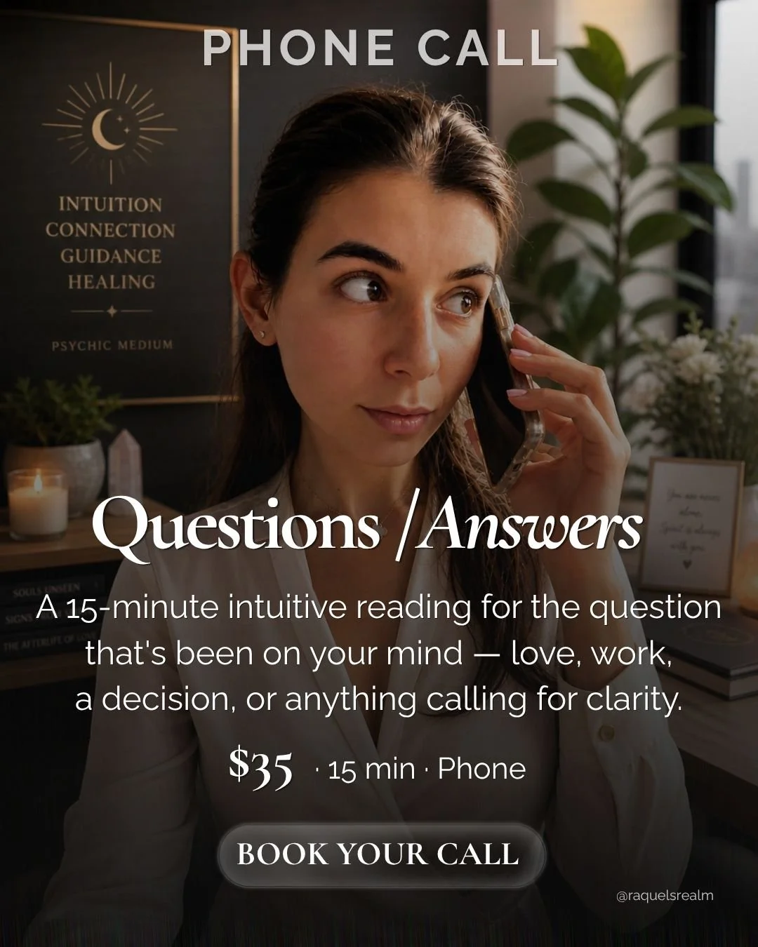 A woman talking on the phone featuring a sign that reads "Intuition, Connection, Guidance, Healing". The image promotes psychic reading questions and answers, costing $35 for 15 minutes,  via Phone Call, with a booking button at the bottom.