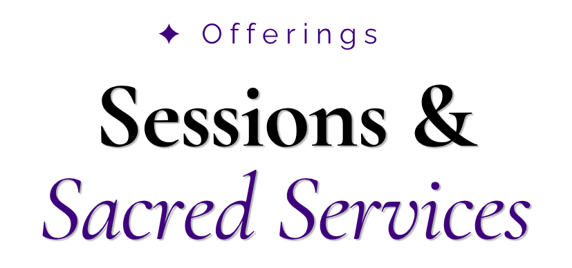 Text reading 'Offerings Sacred Services' with a small purple star and the word 'Offerings' above, on a black background.