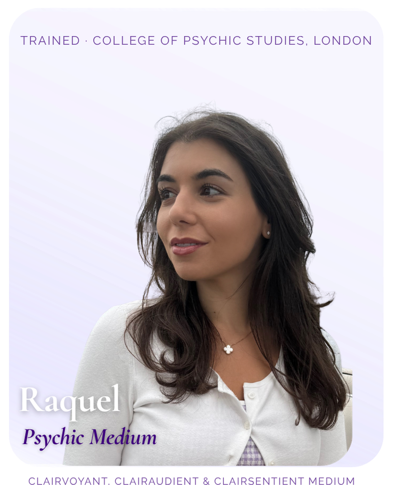 A woman named Raquel, identified as a psychic medium, with dark wavy hair, wearing a white top and a small pendant necklace, standing against a purple and blue gradient background that includes the text 'Trained - College of Psychic Studies, London' at the top.