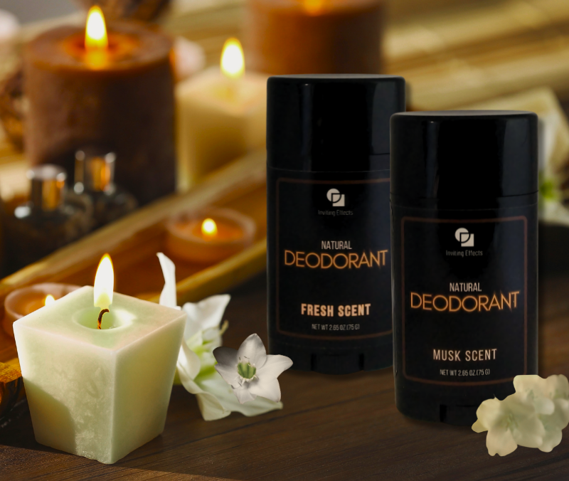 Fresh Scent and Musk Scent Deodorants in a warm setting.