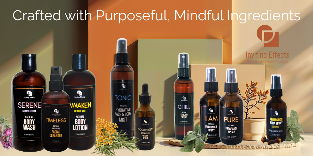 Inviting Effects products with natural purposeful ingredients displayed.