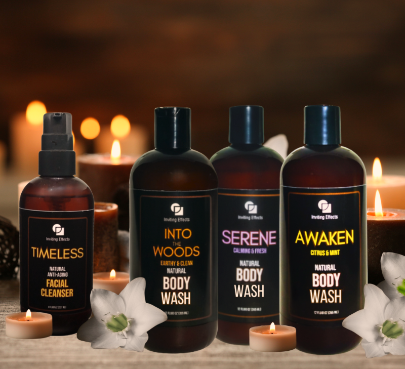 Timeless, Into the Woods, Serene and Awaken face and body washes in a soft setting.