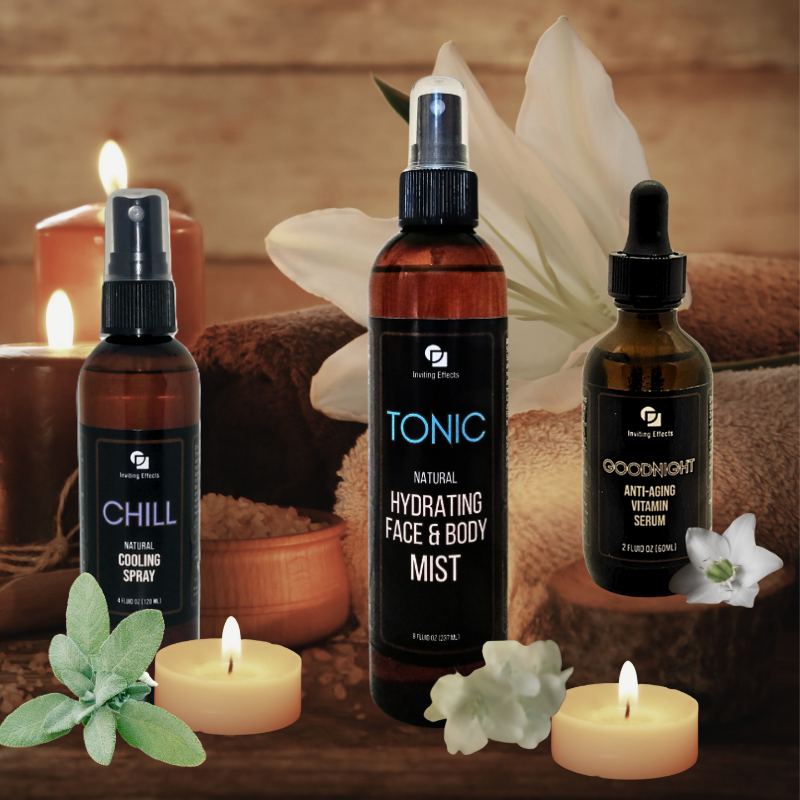 Chill Cooling Spray, Tonic Hydrating Mist and Goodnight Anti-aging Vitamin Serum set with candles, towels and flowers.