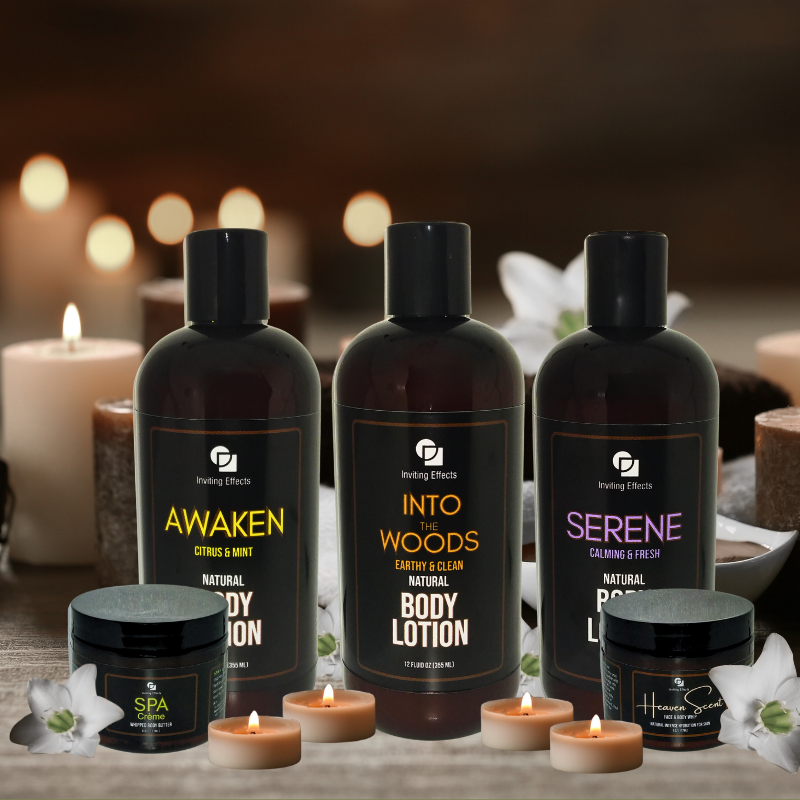 Awaken, Into the Woods, Serene Body Lotions with SPA and Heaven Scent Body Butters set with candles and flowers.