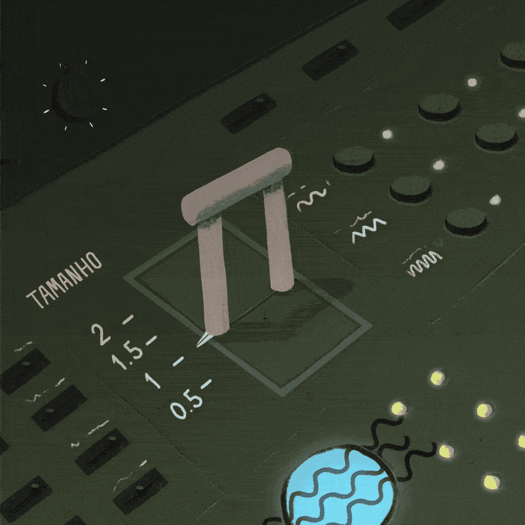 Close-up of a black electronic sound mixing console with various knobs and a fader, test tone label, and illuminated graphics including a globe with musical waves and notes.