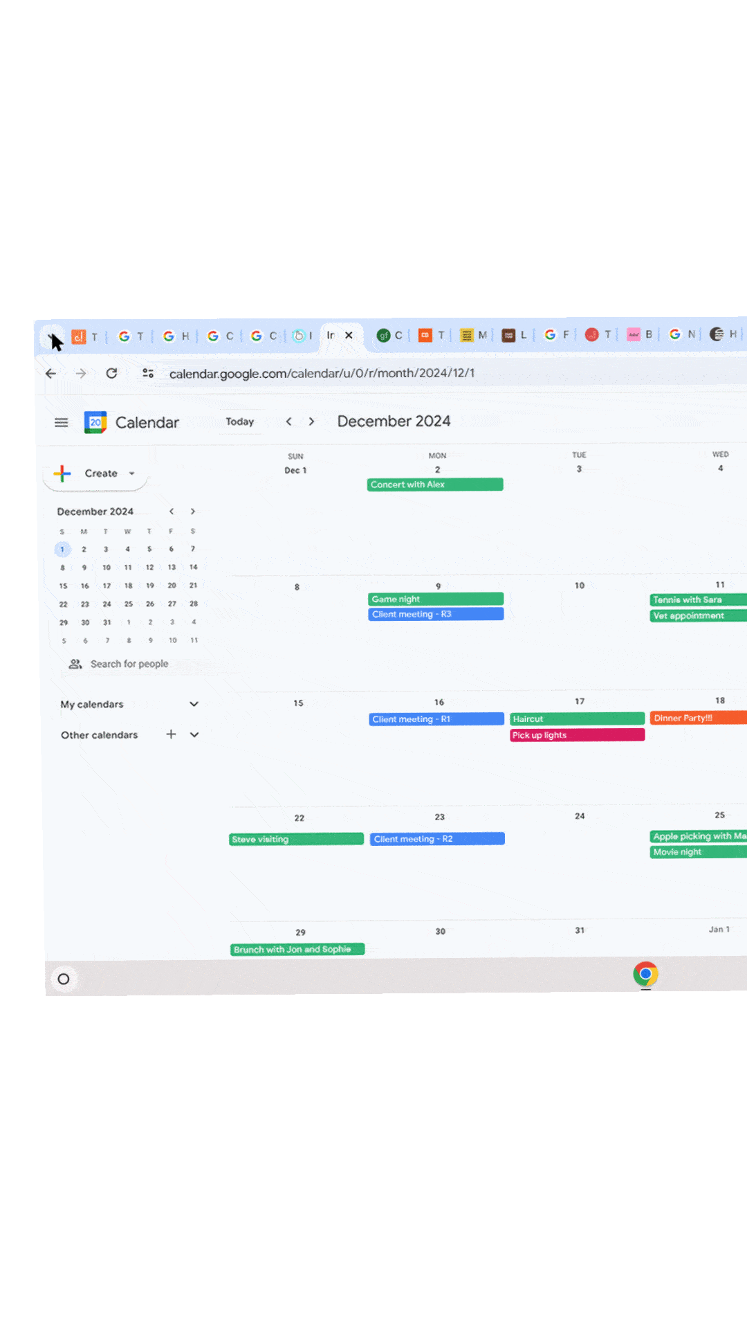 A computer screen displaying a Google Calendar for December 2024 with various events scheduled, including meetings, social activities, and personal appointments.