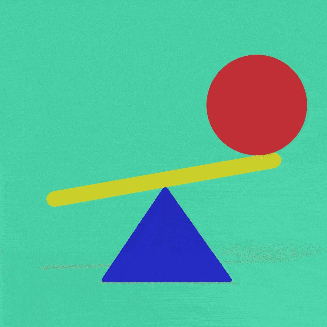 An abstract geometric illustration with a blue triangle base, a yellow horizontal bar on top, and a red circle balanced on the bar, set against a mint green background.
