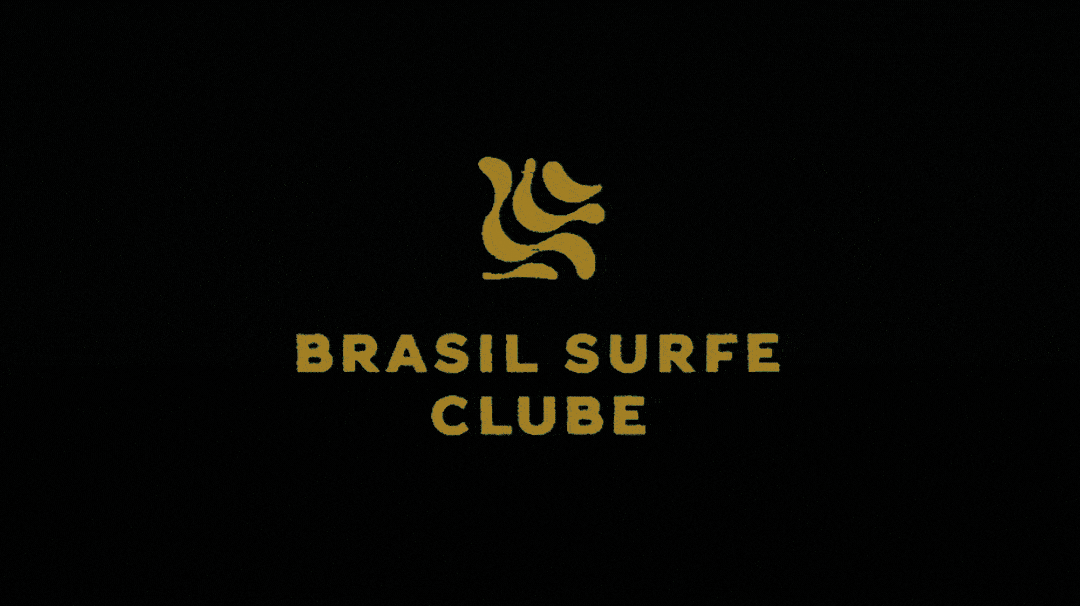 Black background with a gold logo depicting a stylized wave and the text 'Brasil Surfe Clube' in gold.