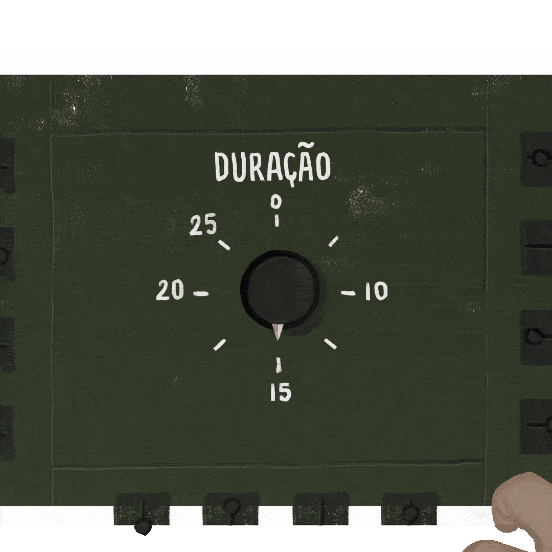 A timer labeled 'DURAÇÃO' in Portuguese with a black knob pointing at 15 minutes, on a green background.