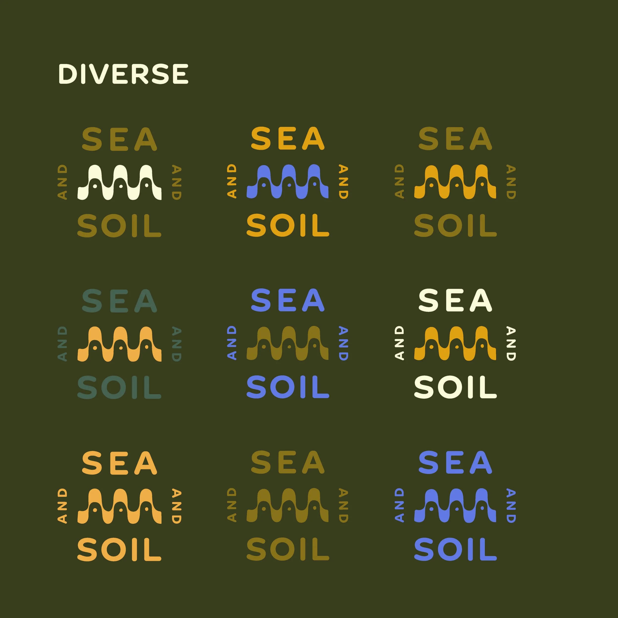 A grid of twelve logos, each with the phrases 'Sea and Soil' and a wavy line graphic in different colors. The background is dark green, and the text and graphics vary in white, blue, yellow, orange, and brown.