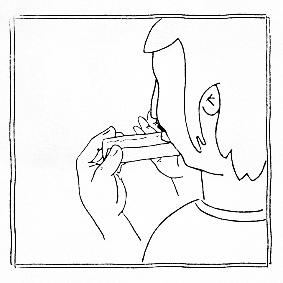 Line drawing of a girl with shoulder-length hair licking a popsicle.