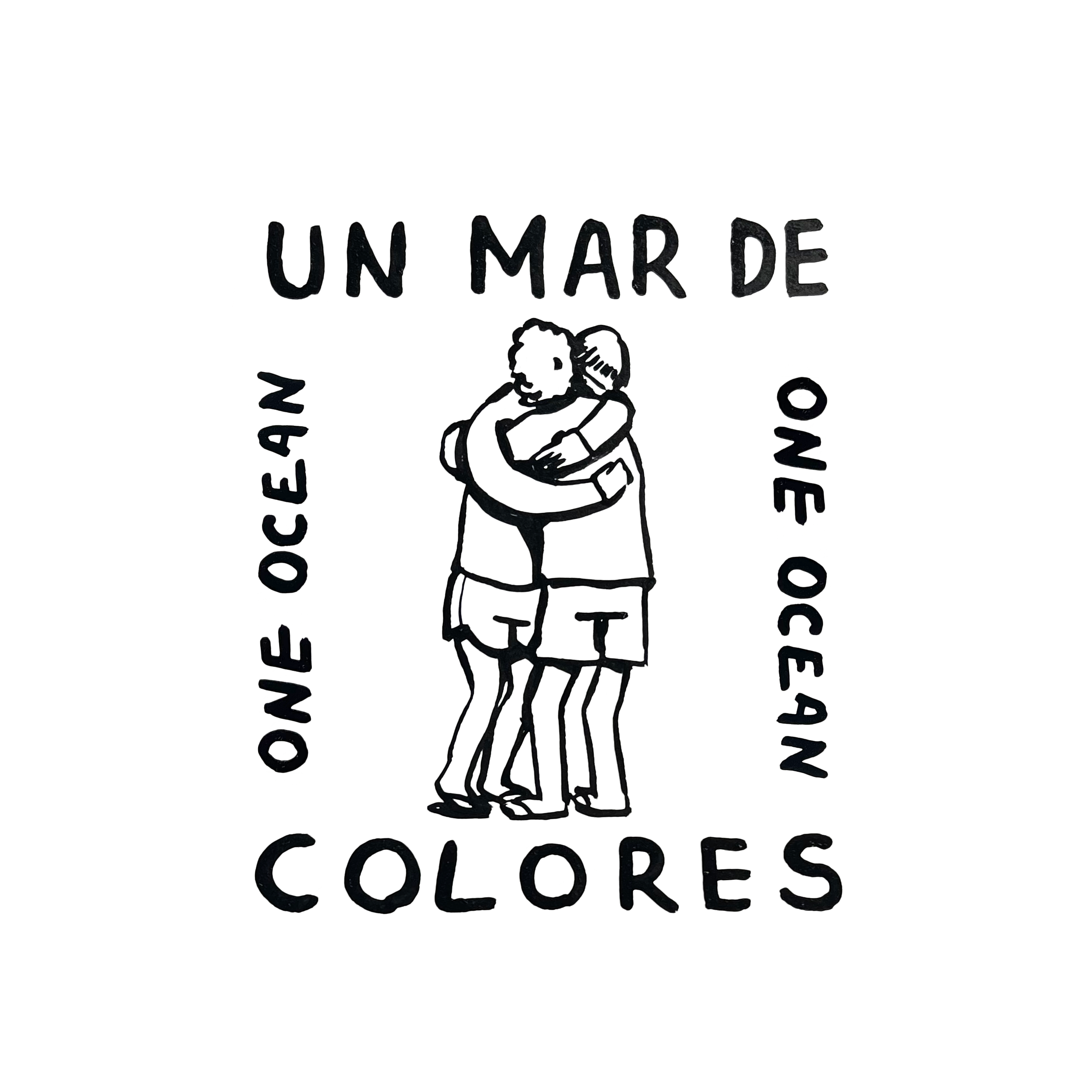 Illustration of two people hugging with colorful text and design elements around them, including Spanish words 'Un Marde' and 'Colores'.