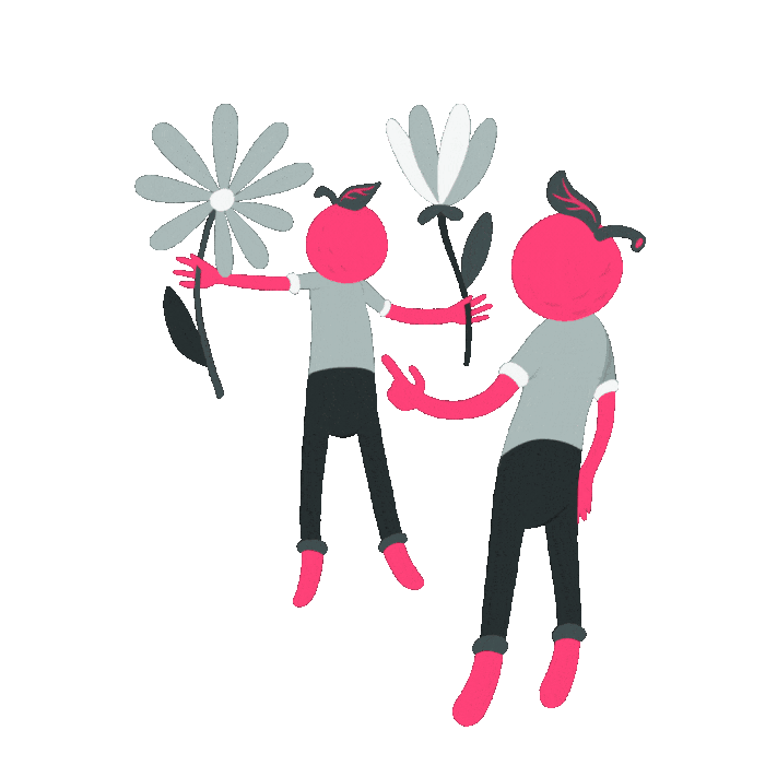 Two cartoon characters with pink fruit heads, wearing gray shirts and dark pants, holding large flowers, with one character gesturing and the other floating in the air.