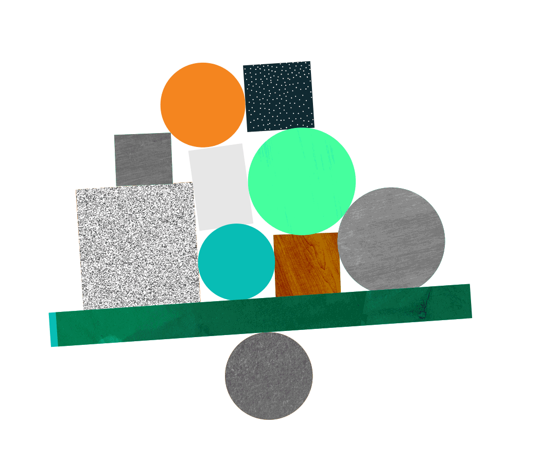 An abstract balance scale with various geometric shapes and textures, including circles, squares, rectangles in different colors like gray, orange, teal, green, white, and wood, set against a black background.
