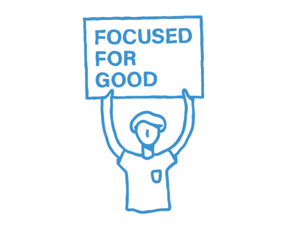Line drawing of a dog holding a sign that says "Focused for Good" on a blue background.