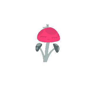 Cartoon pink flower with a smiling face and closed eyes, surrounded by black background.